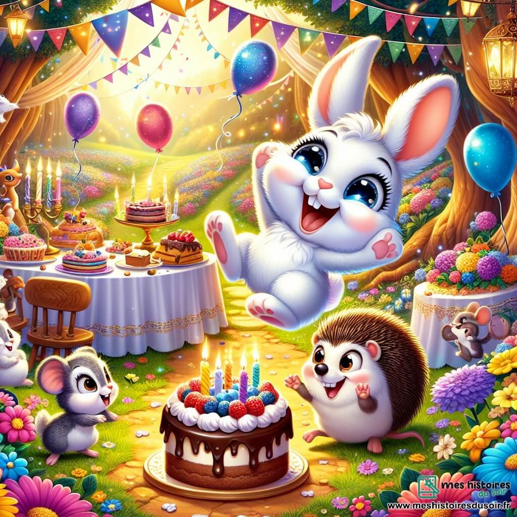 Illustration d'un petit lapin aux grandes oreilles, à la fourrure douce et blanche, exprimant joie et surprise en sautant au milieu d'une clairière colorée, entouré de fleurs éclatantes et de guirlandes lumineuses. À ses côtés, une petite souris grise souriante avec un nœud rouge tient un gâteau au chocolat décoré de bougies scintillantes. Plus loin, une chouette observant la scène et un hérisson malicieux s'approchent avec une tarte aux myrtilles. La clairière enchantée, baignée de lumière dorée, est remplie de fleurs multicolores, de ballons flottants et d'une table décorée de mets délicieux, créant une atmosphère festive. Le petit lapin découvre une fête surprise pour son anniversaire, avec des rires résonnant dans l'air. D'autres éléments incluent des guirlandes de fleurs, des ballons colorés, des plats variés sur la table et un ciel bleu avec des nuages blancs, ajoutant à la magie de ce moment spécial.