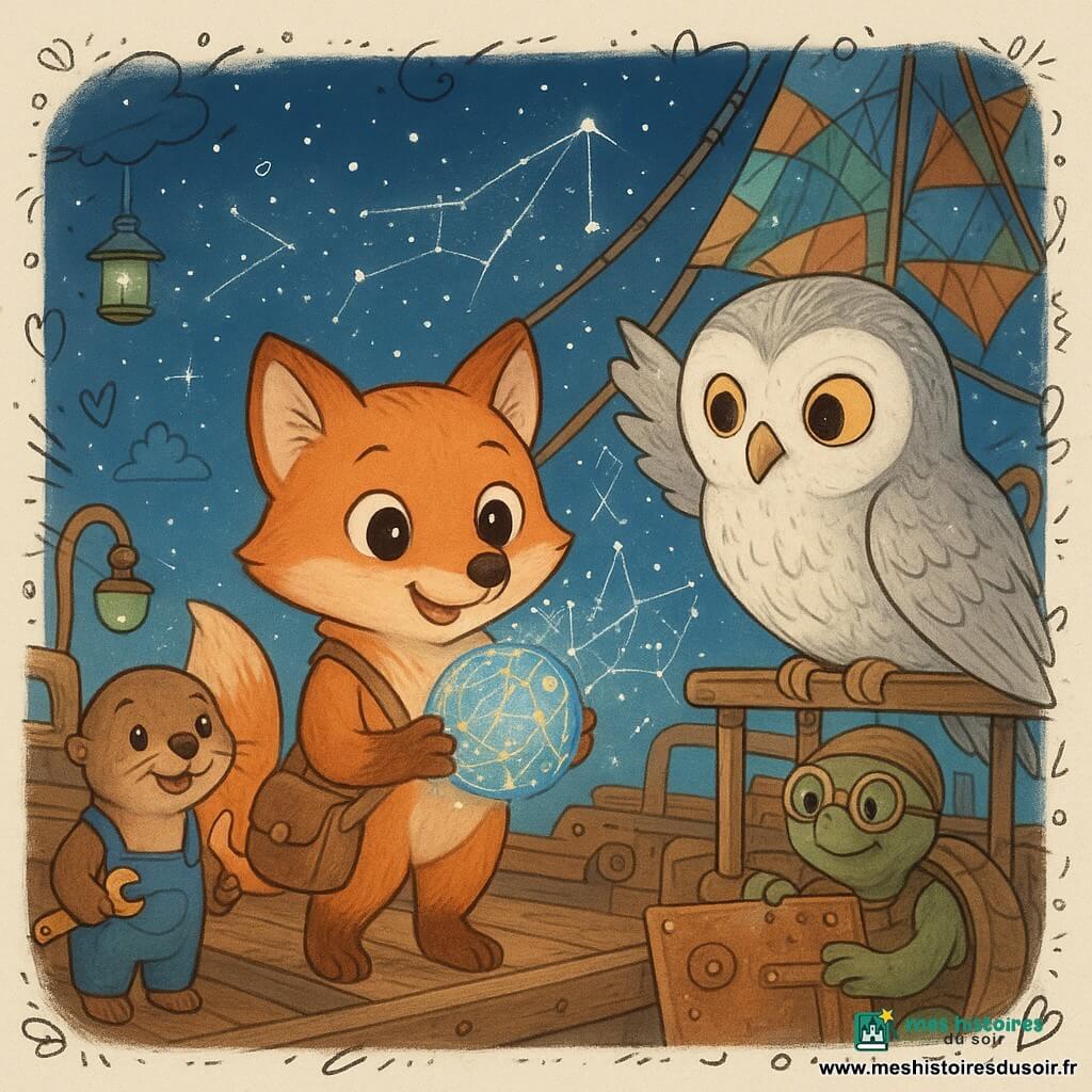 Un petit renard roux anthropomorphe au pelage soyeux et au regard émerveillé tient contre sa poitrine une sphère lumineuse bleue et dorée qui pulse et projette des constellations argentées ; à ses côtés, une grande chouette blanche aux plumes argentées et regard bienveillant est perchée sur la rambarde, une jeune loutre en salopette, tenant une clé anglaise, l'observe depuis quelques marches en arrière, et au loin une tortue marin mécanicienne aux lunettes répare un panneau de cuivre en souriant ; le tout se déroule sur la proue en bois poli d'une cité-flotte science-fantasy aux rivets en laiton, engrenages et tuyaux cuivrés, lanternes bioluminescentes et voiles en vitrail, au crépuscule étoilé, ambiance chaleureuse, mystérieuse et pleine de promesses d'aventure.