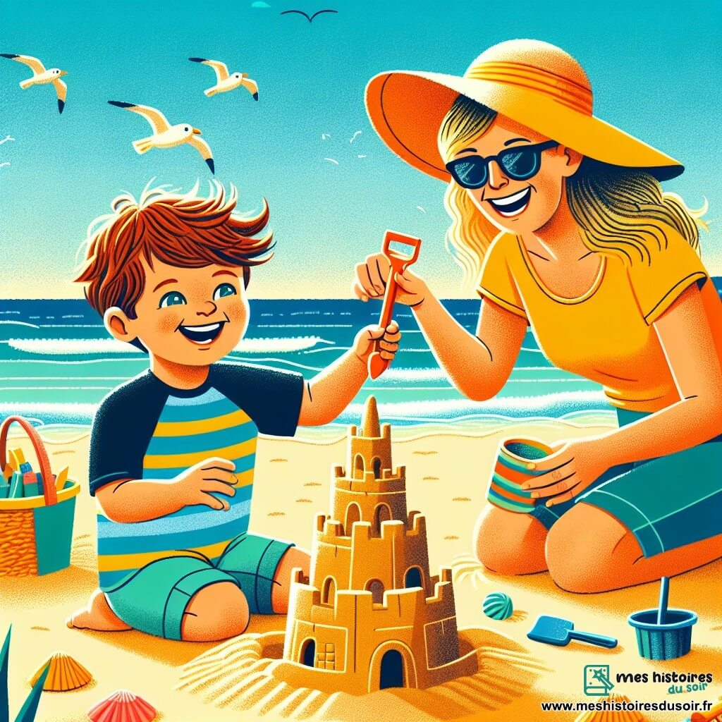 Léo, un petit garçon de 2 ans aux cheveux bruns en bataille et aux yeux pétillants, construit un château de sable sur une plage ensoleillée. Il porte un maillot de bain rayé bleu et jaune et un chapeau de soleil. Sa maman, une femme d'environ 30 ans avec de longs cheveux blonds, l'encourage avec une pelle colorée. Son papa, un homme d'environ 35 ans avec une barbe légère et des lunettes de soleil, prend des photos un peu plus loin. La plage est magnifique, avec du sable doré, des vagues douces et des mouettes dans un ciel bleu clair. Léo façonne des tours de sable tandis que sa famille profite de cette belle journée d'été, remplie de rires et de bonheur.
