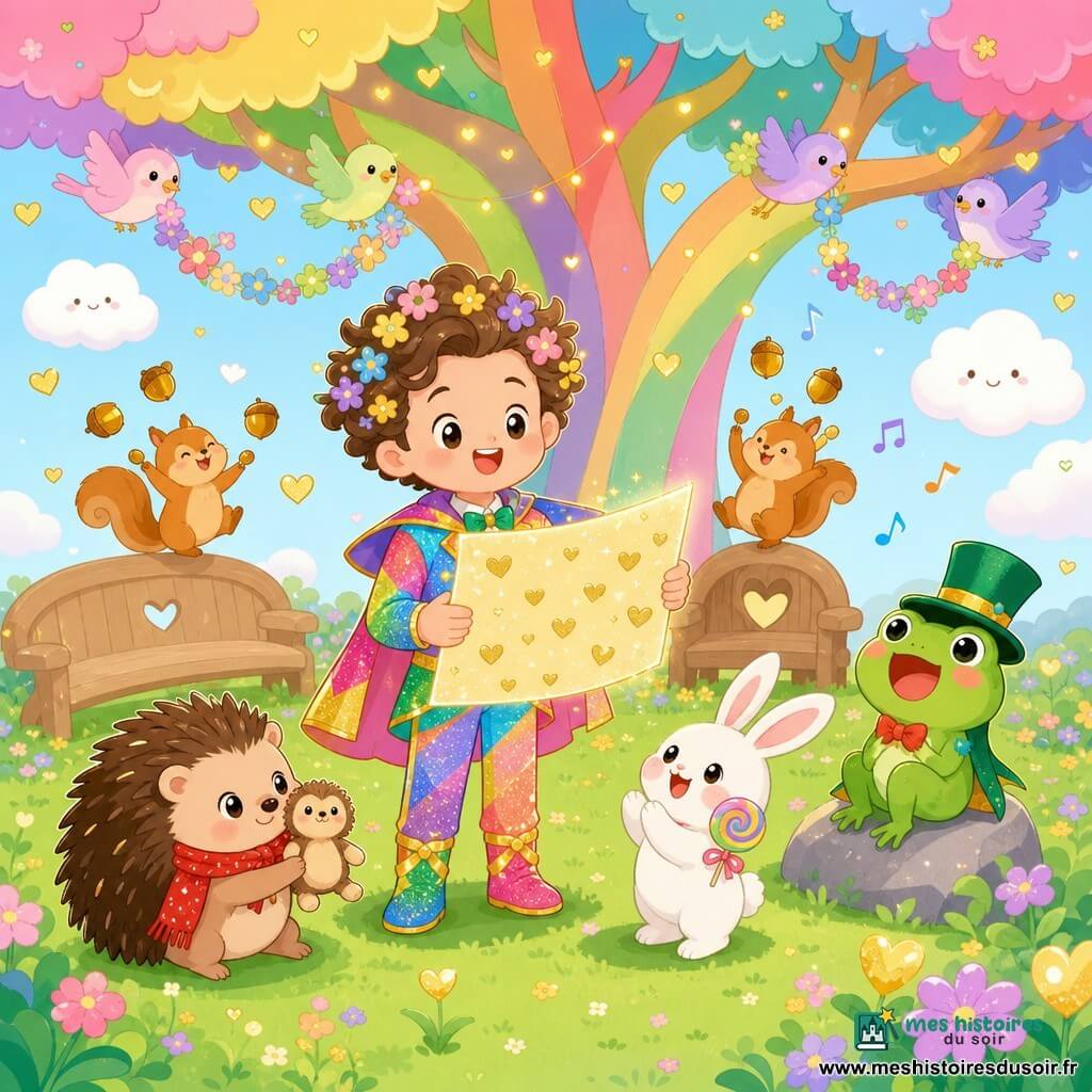 Super-Méli-Mélo, homme souriant en costume multicolore brillant et cape courte, cheveux en petites fleurs, montre une grande carte scintillante couverte de cœurs dorés ; à gauche un garçon hérisson d'environ 6 ans, pelage brun et écharpe rouge, accroupi montre son doudou retrouvé, à droite une grenouille au chapeau haut-de-forme vert chante assise sur une pierre, devant le héros un petit lapin blanc aux grandes oreilles applaudit en tenant une sucette ; autour, oiseaux pastel portent des guirlandes de fleurs et écureuils jonglent avec des noisettes dorées, le tout dans un parc magique sous un grand arbre arc-en-ciel, pelouse verte, bancs courbés et nuages en guimauve dans un ciel bleu clair ; ambiance festive et chaleureuse, rires et cœurs dorés flottants, style kawaii minimal aux couleurs douces et saturées, formes rondes, contours fins et éclairage chaleureux.