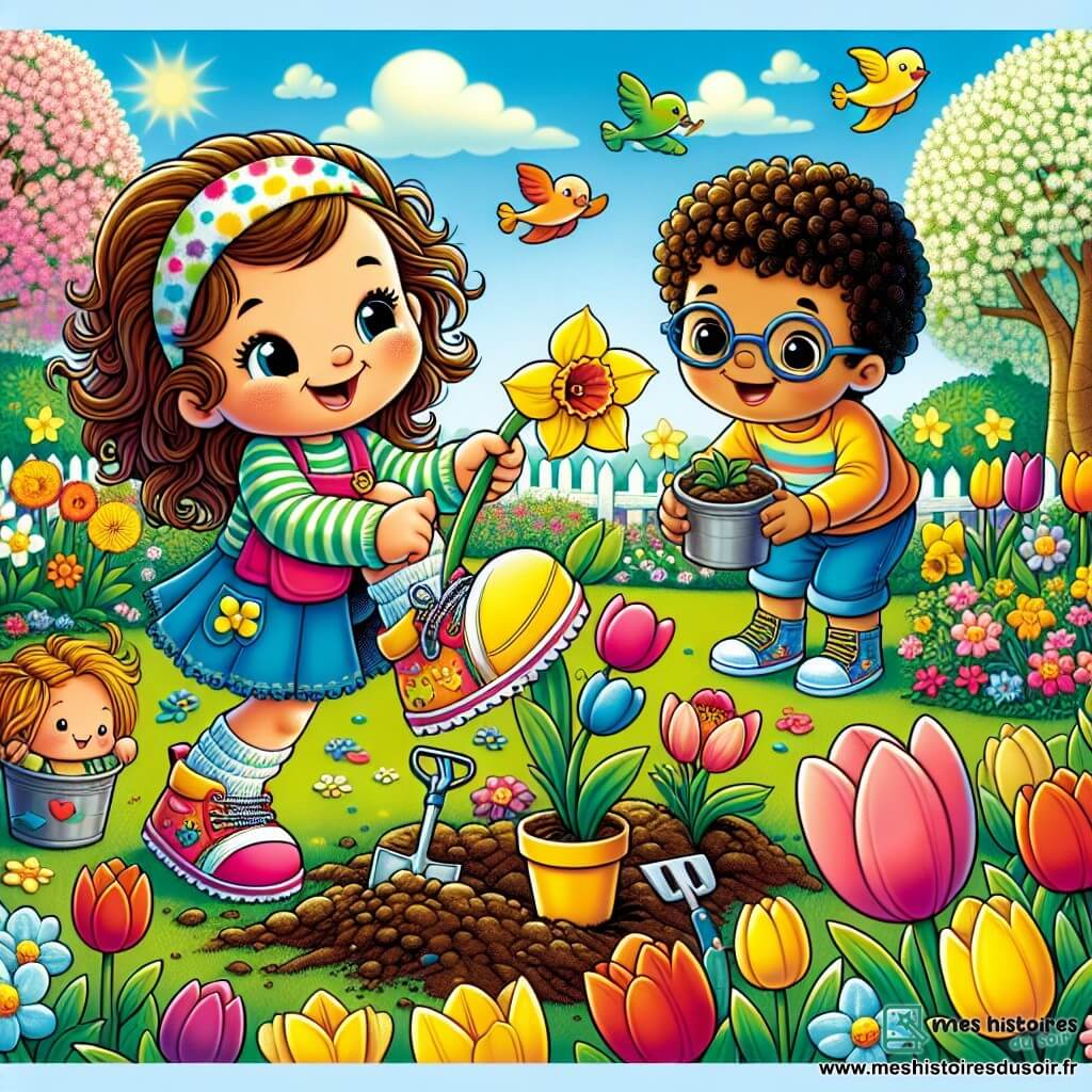 Au centre de l'image, Chaussette, une petite chaussure colorée, est pleine d'énergie, sautillant dans un jardin fleuri entouré de tulipes et de jonquilles. À sa droite, Léa, une petite fille aux cheveux bouclés, sourit en tenant un pot de terre, prête à planter une fleur. À sa gauche, Hugo, un garçon aux lunettes rondes, regarde avec admiration, tenant une pelle miniature. Le jardin est lumineux, avec un ciel bleu et des oiseaux colorés volant au-dessus des arbres en fleurs. La scène montre Chaussette et les enfants plantant des fleurs ensemble, célébrant le printemps avec des rires et des sourires, créant un moment de partage et d'amitié en pleine nature.