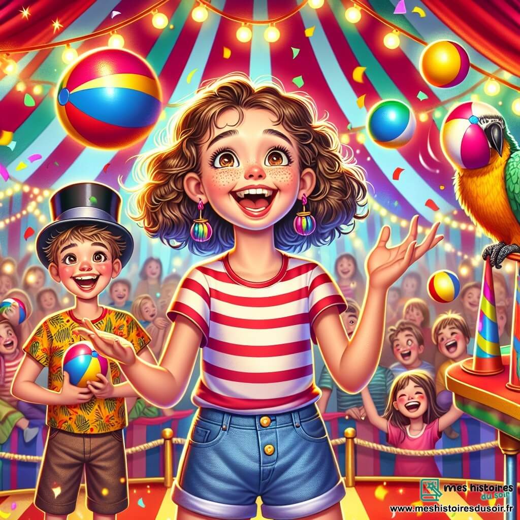 Une fille de 10 ans, Zoé, aux cheveux châtains bouclés, porte un t-shirt rayé et un short en denim, souriante. Elle jongle avec deux balles colorées, ses yeux brillants d'excitation. À côté d'elle, Pablo, un garçon de son âge avec un chapeau melon de travers, la regarde en riant, tenant une balle supplémentaire. Le décor est un chapiteau de cirque vibrant, rempli de lumières scintillantes et de spectateurs amusés, avec des confettis flottant dans l'air et un perroquet coloré observant la scène. Zoé et Pablo présentent un numéro de jonglage sous un public enthousiaste qui applaudit, créant une ambiance festive.