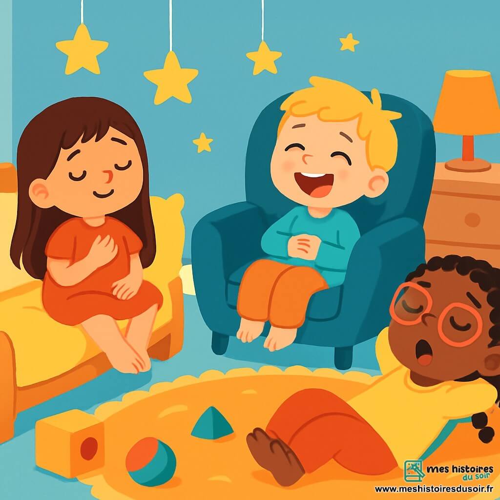 Il y a trois personnages : Mila, une petite fille de 5 ans avec de longs cheveux bruns, assise sur un lit douillet, souriante ; Léo, un garçon de 4 ans aux cheveux blonds en bataille, riant dans un fauteuil bleu ; et Aya, une petite fille de 5 ans avec des cheveux noirs tressés et des lunettes rondes, allongée sur le tapis, bâillant. La scène se déroule dans une chambre chaleureuse aux murs bleu ciel, ornée d'étoiles scintillantes et d'un grand tapis moelleux, avec des jouets colorés éparpillés. Les enfants se préparent à s'endormir, dans une ambiance calme et sereine, prêts pour un voyage de rêve.