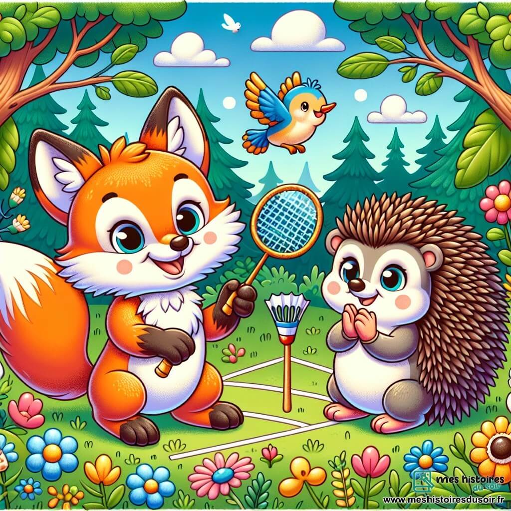 Un renard joyeux au pelage orange vif et à la queue touffue tient une raquette de badminton et sourit, prêt à frapper un volant coloré. À ses côtés, un hérisson mignon avec des piquants bruns applaudit en l'encourageant, tout en tenant une petite raquette. La scène se déroule dans une forêt enchantée avec des arbres luxuriants, des fleurs colorées et un ciel bleu clair. Un terrain de badminton improvisé est tracé sur l'herbe, avec un filet fait de branches. Le renard et le hérisson s'apprêtent à jouer un match amical, tandis qu'une hirondelle les observe avec un sourire.