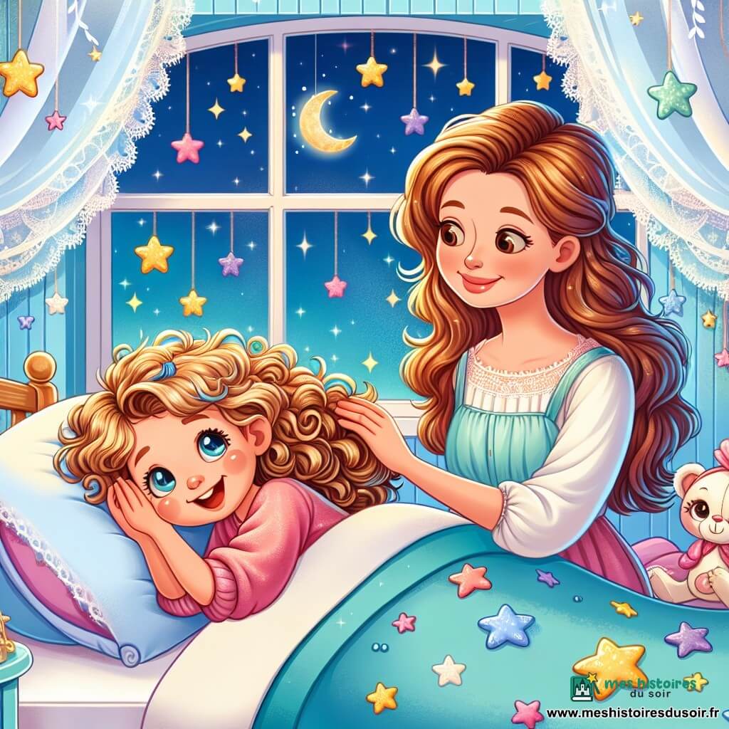 Une petite fille de 8 ans, aux cheveux bouclés et dorés, est allongée sur son lit avec un grand sourire. Ses yeux brillent d'excitation alors qu'elle ferme les yeux, prête à s'endormir. À côté d'elle, sa maman, une femme douce d'une trentaine d'années aux cheveux châtains, lui caresse tendrement les cheveux avec une expression calme et aimante. La chambre est douce, avec des murs bleu pastel, des étoiles au plafond et des peluches sur le sol. Une fenêtre ouverte laisse entrer une brise légère, faisant danser les rideaux, tandis qu'un croissant de lune éclaire la pièce. Dans cette scène paisible, la petite fille s'imagine voguer sur une mer calme, prête à plonger dans un monde de rêves enchantés.