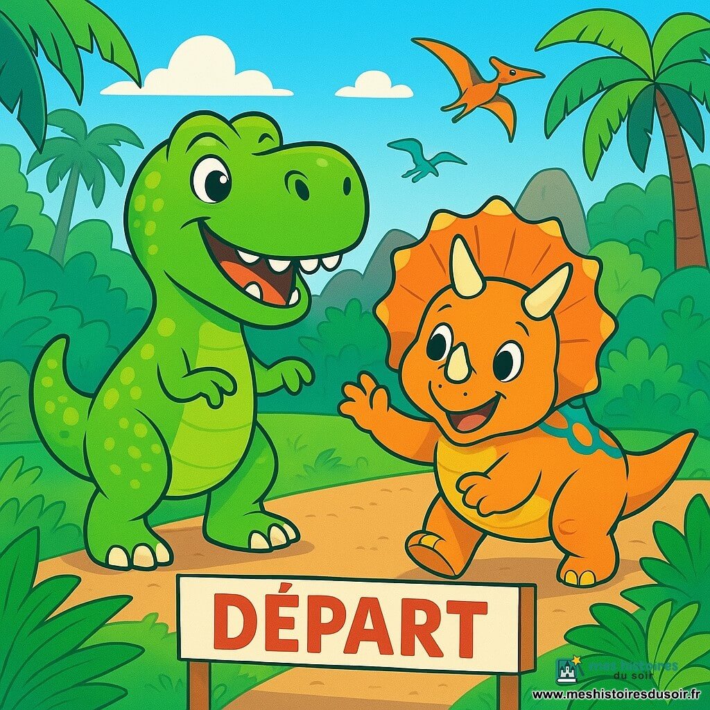 Un Tyrannosaure Rex nommé Toto, avec une peau verte éclatante, se tient sur la ligne de départ d'une course de dinosaures, souriant et pétillant d'excitation. À ses côtés, un Tricératops amical l'encourage, les pattes levées en soutien. Le décor est une jungle luxuriante sous un ciel bleu, remplie de fougères, de palmiers et de rochers. D'autres dinosaures, comme des velociraptors et des ptérodactyles, se préparent à courir. Toto est prêt à s'élancer, entouré de ses amis, tandis qu'une foule de dinosaures les observe, créant une atmosphère joyeuse et amicale.