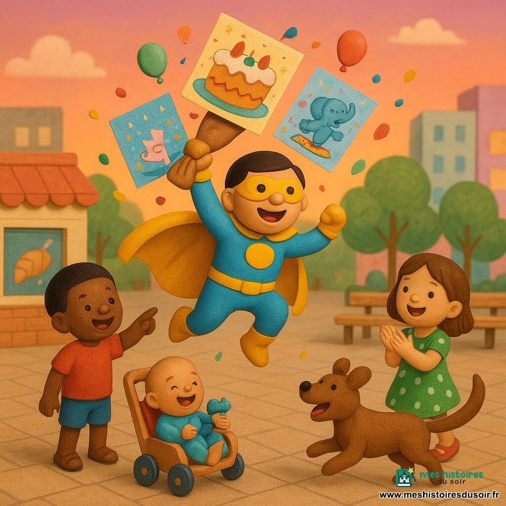 Super-héros Super Bafouille, joyeux, en costume bleu ciel et jaune avec cape ronde, atterrit au centre d'une place pavée de Boum-Boum Ville en tenant un sac d'affiches magiques qui apparaissent autour de lui ; à gauche, un garçon d'environ 6 ans en T-shirt rouge pointe une affiche montrant un gâteau géant, à droite une fillette de 5 ans en robe à pois verts applaudit près d'un banc, un bébé hilare dans une poussette agite un jouet en peluche bleu au premier plan et un chien brun court autour ; en arrière-plan une petite boulangerie, un parc et des immeubles pastel, tandis que des affiches colorées collées aux murs montrent un chaton dansant, un éléphant sur un trampoline et des feux d'artifice, avec confettis et ballons sous un ciel de coucher de soleil rose-orange.