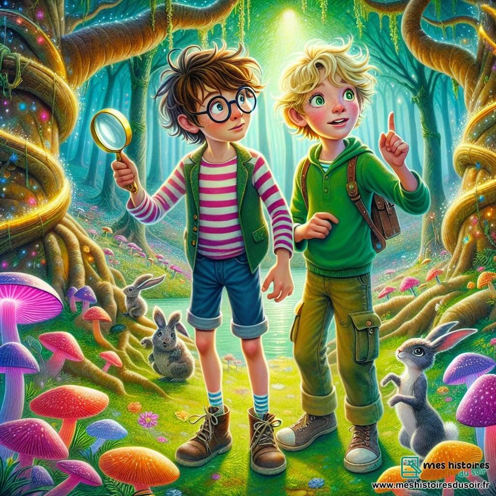 Deux garçons de douze ans, Timothée et Hugo, se tiennent au centre de la forêt de Champibizarre. Timothée, avec des cheveux bruns en bataille et des lunettes rondes, porte un t-shirt rayé et un short en jean, tenant une loupe avec curiosité. À côté de lui, Hugo, aux cheveux blonds et aux yeux pétillants, est vêtu d'un t-shirt vert et d'un pantalon cargo, pointant vers un arbre aux feuilles argentées qui murmure des mots mystérieux. La forêt est magique, avec des arbres tordus, des champignons colorés, des lapins multicolores et des fleurs scintillantes. Ils se préparent à résoudre une énigme posée par Champibob, le gardien de la forêt, un petit bonhomme à la peau verte vêtu d'une veste violette. L'atmosphère est magique et excitante, alors qu'ils s'apprêtent à découvrir le secret de l'arbre à paroles.