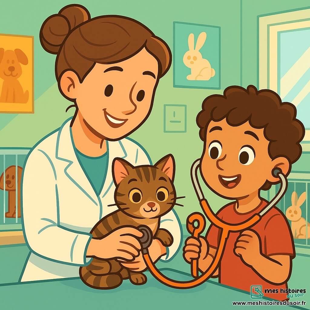 Une vétérinaire d'une trentaine d'années, avec des cheveux châtains en chignon et une blouse blanche, examine un petit chat tigré blotti dans ses bras, affichant un sourire chaleureux. À ses côtés, un petit garçon d'environ 8 ans, avec des cheveux bouclés et un t-shirt rouge, observe avec émerveillement en tenant un stéthoscope en plastique. La scène se déroule dans une clinique vétérinaire lumineuse aux murs vert pastel, décorée d'affiches colorées d'animaux et de cages transparentes abritant des animaux en attente de soins. La vétérinaire soigne le chat blessé tandis que le garçon apprend à prendre soin des animaux, créant une atmosphère chaleureuse et bienveillante.