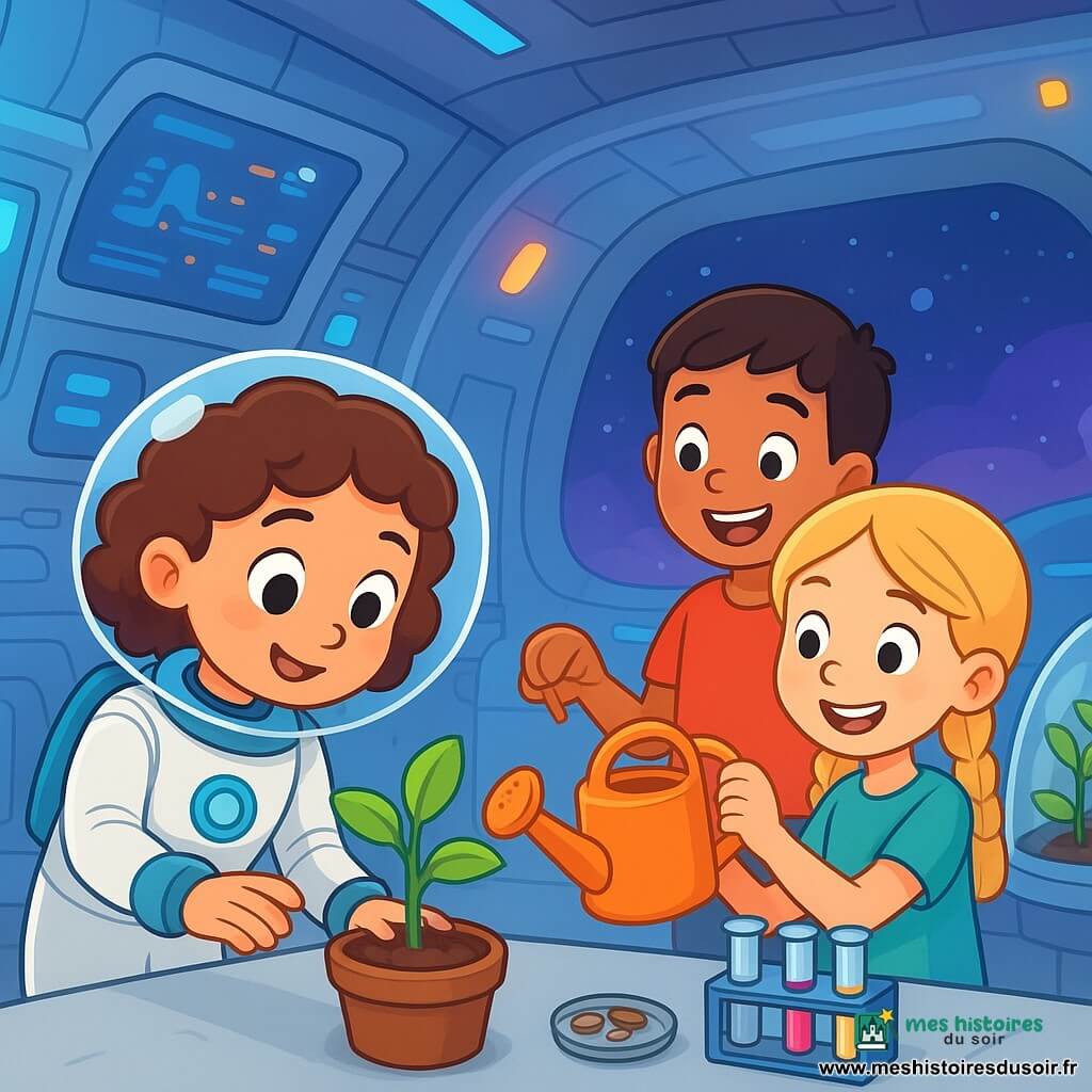 Sacha, une jeune femme aux cheveux bruns et bouclés, porte une combinaison d'astronaute blanche. Elle s'intéresse à une petite plante verte, tandis que Noémie, une fille de 10 ans avec des tresses blondes, sourit en tenant un arrosoir. Malik, un garçon de 9 ans aux cheveux noirs, les observe avec enthousiasme. La scène se déroule dans un module spatial futuriste, rempli de lumières et d'écrans, avec des équipements scientifiques. Sacha et ses amis s'assurent que la plante reçoit les soins nécessaires, créant un moment de camaraderie et de découverte.