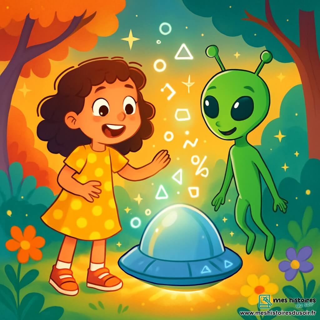 Zoé, une fille de 8 ans aux cheveux bruns et bouclés, porte une robe jaune à pois et des baskets rouges. Elle a des yeux écarquillés de surprise et un grand sourire émerveillé en touchant une bulle argentée. À côté d'elle, un extraterrestre amical, grand et vert avec de grands yeux ronds et des antennes, l'observe avec un sourire chaleureux. Ils se trouvent dans une clairière enchantée, baignée de lumière dorée, entourée d'arbres aux feuilles multicolores et de fleurs lumineuses. La bulle argentée brille intensément, projetant des reflets colorés. Zoé découvre le vaisseau spatial extraterrestre qui vient de s'ouvrir, tandis que des symboles lumineux flottent autour, créant une atmosphère magique.