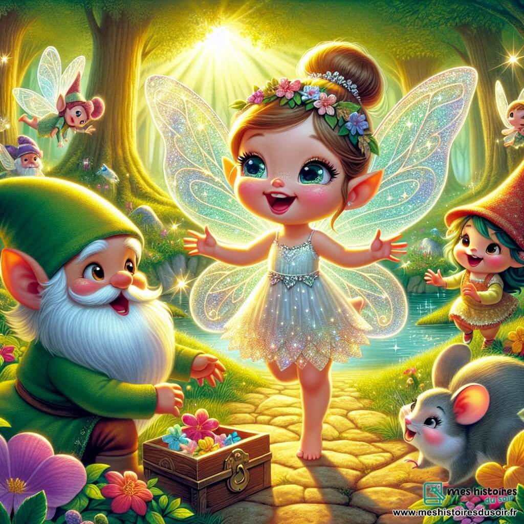 Dans une clairière enchantée, Lila la fée, avec ses grandes ailes scintillantes et ses yeux joyeux, se tient au centre, souriante et enthousiaste, tenant une boîte de pétales colorés. À ses côtés, Gaspard le lutin, avec son chapeau vert et sa barbe rousse, saute de joie, tandis que Mimi la souris, avec ses grandes oreilles et sa fourrure grise, applaudit avec enthousiasme. La clairière, baignée de lumière dorée et entourée d'arbres majestueux et de fleurs éclatantes, est embellie par un ruisseau scintillant. Lila annonce à ses amis qu'ils vont organiser une chasse au trésor pour célébrer le printemps, et tous sont impatients de commencer cette aventure joyeuse.