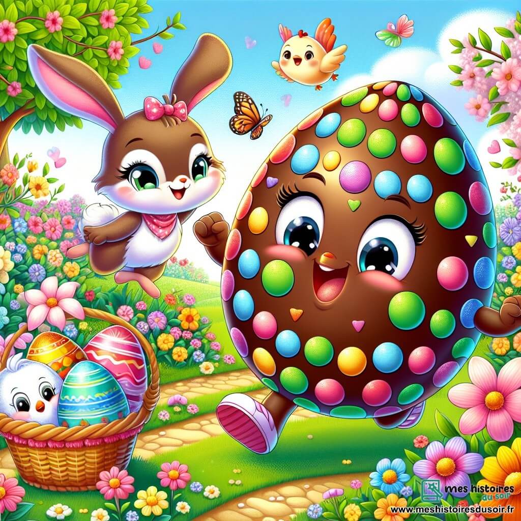 Un œuf en chocolat nommé Choco, brillant et coloré avec des pois multicolores, exprime sa joie en sautillant sur un chemin de fleurs. À côté, un petit lapin en peluche nommé Pipo, avec des oreilles longues et un sourire espiègle, le regarde avec enthousiasme, tenant un panier d'œufs colorés. Non loin, une poule en feutre appelée Plume, avec un regard amical, danse joyeusement, entourée de guirlandes de fleurs. Le jardin, rempli de fleurs éclatantes et de papillons, crée une atmosphère festive. Choco, Pipo et Plume recherchent l'œuf spécial de Choco, souriants et prêts à célébrer Pâques ensemble.
