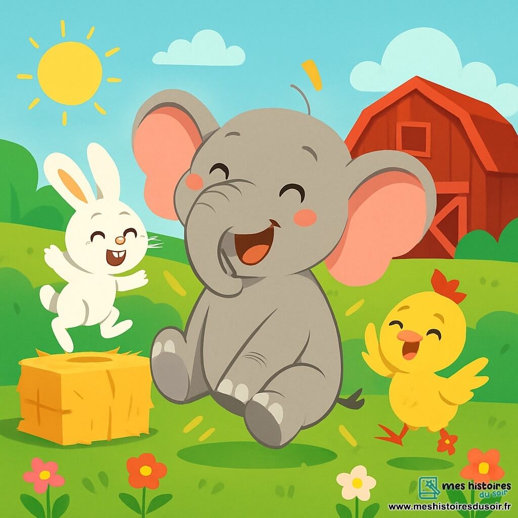 Eli, un éléphant joyeux à la peau grise et aux grandes oreilles, est assis dans une ferme ensoleillée, riant avec sa trompe en l'air. À côté de lui, un petit lapin blanc aux grandes oreilles saute sur une botte de paille, tandis qu'une poulette jaune avec un chapeau rouge se prépare à sauter en riant. En arrière-plan, un ciel bleu clair et des champs verdoyants entourent la ferme, avec des fleurs colorées dansant au vent. Eli fait tomber la paille en essayant de sauter, créant une scène amusante et pleine de rires.