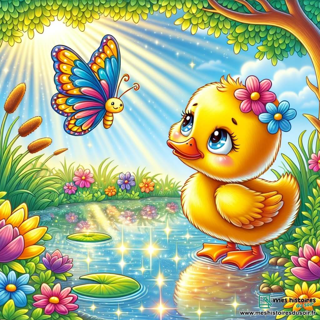 Un petit canard aux plumes jaunes et brillantes se tient au bord d'un étang scintillant, regardant un papillon coloré qui virevolte autour de lui. Le papillon, aux couleurs vives de bleu et d'orange, danse dans les airs au-dessus des fleurs éclatantes. L'étang est bordé de nénuphars et de roseaux, avec des rayons de soleil créant des reflets dorés sur l'eau. Le canard et le papillon échangent des mots d'amitié, le canard exprimant sa tristesse de ne pas pouvoir voler, tandis que le papillon lui parle d'acceptation de soi et de la beauté de leur amitié.