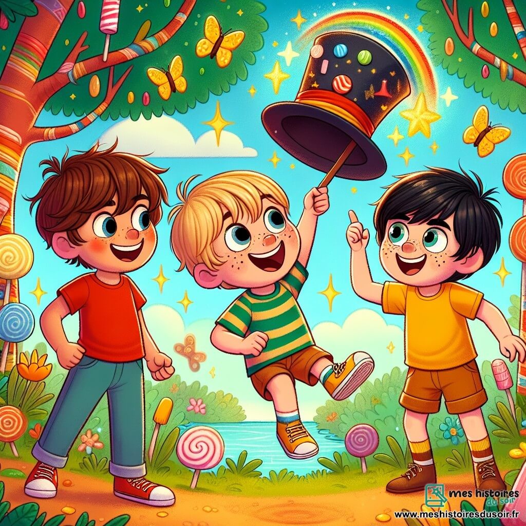 Trois personnages principaux : Max, un garçon de quatre ans avec des cheveux bruns en bataille et un sourire espiègle, porte un t-shirt rouge et un short bleu. Il pointe le doigt vers le ciel, émerveillé par un chapeau magique qui vole. Léo, aussi âgé de quatre ans, a des cheveux blonds et des lunettes rondes, il est assis sur l'herbe, riant aux éclats, les bras levés. Tom, avec des cheveux noirs et des taches de rousseur, flotte dans les airs accroché à un chapeau en paillettes, le visage surpris et ravi. L'action se déroule dans une forêt enchantée avec des arbres en bonbons multicolores et des fleurs chantantes. Des nuages en forme de guimauve flottent dans un ciel bleu, tandis que des papillons scintillants dansent autour d'eux. Tom est suspendu dans les airs par le chapeau magique, tandis que Max et Léo, au sol, rient de cette scène loufoque, entourés de créatures fantastiques.