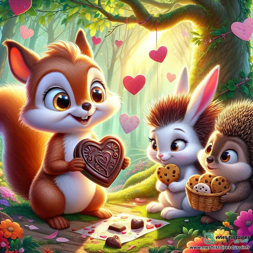 Dans une forêt enchantée, Émile, un petit écureuil au pelage brun clair et aux yeux curieux, tient une carte décorée de cœurs en chocolat, souriant avec émerveillement. À ses côtés, Léa la lapine, au pelage blanc et aux grandes oreilles, le regarde joyeusement en tenant un panier de biscuits. Max le hérisson, sérieux, se penche sur la carte, intrigué. La scène se déroule sous un grand arbre aux feuilles vertes et aux décorations de Saint-Valentin, avec des cœurs en papier flottant. Les rayons du soleil créent une ambiance magique alors qu'Émile et ses amis découvrent le mystère de la carte, entourés de fleurs colorées et de petits animaux curieux.