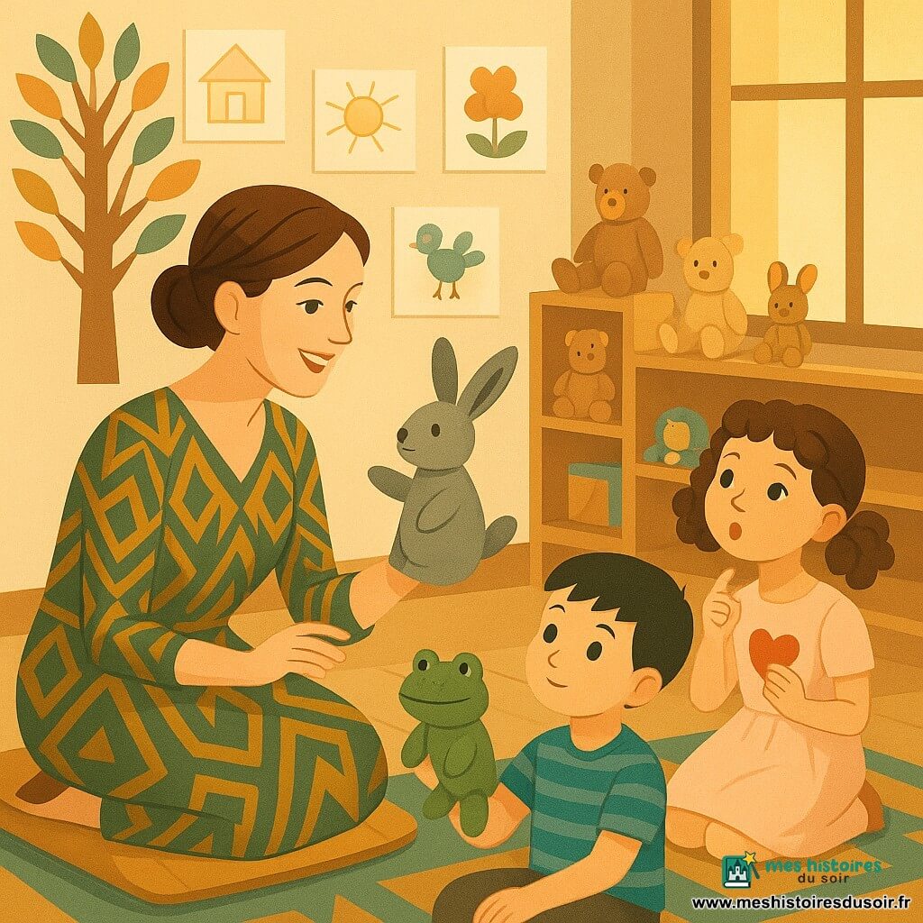 Une institutrice souriante et bienveillante, cheveux châtain en chignon, porte une robe art déco moutarde et vert émeraude ; accroupie près d’une mini-estrade de coussins, elle tient un lapin en peluche comme marionnette et montre une attitude calme. À gauche, un garçon d’environ 7 ans, cheveux courts noirs, t-shirt rayé bleu, tient une grenouille en peluche et la regarde avec curiosité ; à droite, une fille d’environ 6 ans, cheveux bouclés en couettes, robe rose pâle, tient un petit cœur de papier et imite la grenouille. La classe lumineuse, murs couverts de dessins, un grand arbre en papier aux feuilles colorées, étagères en bois clair avec peluches et une large fenêtre laissant entrer une lumière dorée. Scène principale : théâtre des peluches où la maîtresse enseigne à dire « non » avec douceur, ambiance chaleureuse, couleurs chaudes et textures papier et tissu visibles.