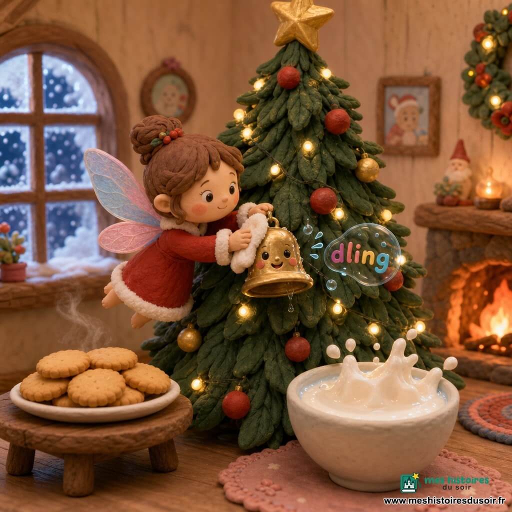 Lili, petite fée enfantine aux ailes translucides roses et bleues, joues roses et sourire doux, vêtue d'une robe rouge bordée de fourrure blanche, vole près d'un grand sapin vert foncé décoré de boules rouges et dorées, guirlandes lumineuses et grosse étoile au sommet, sèche délicatement un petit grelot en laiton brillant encore mouillé avec un bout de nuage duveteux puis l'accroche sur une branche basse; à ses pieds, un bol blanc de lait chaud à mousse dansante et une assiette de biscuits au miel dorés fumants posés sur une table basse en bois; la pièce cosy a un plancher en bois clair, un feu qui crépite dans la cheminée, une fenêtre givrée montrant la neige et une lumière intérieure douce, ambiance tendre, lumineuse et simple, axée sur gestes doux et objets ronds et colorés.