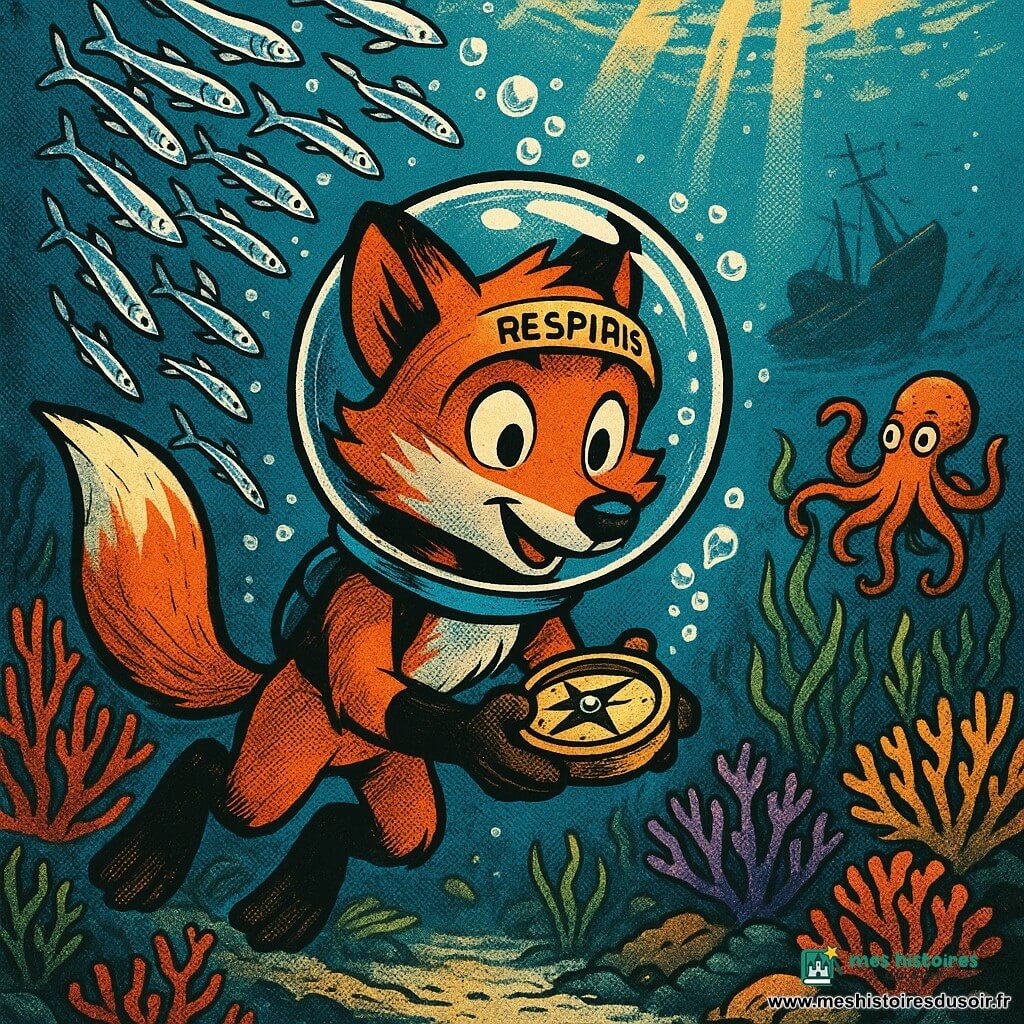 Un renard anthropomorphe roux nommé Roussin, l'air émerveillé et serein, nage doucement au milieu de l'eau avec un casque rond et transparent gravé "Respiris" et une boussole plate entre les pattes; un banc serré de poissons argentés tourne autour de lui, une petite pieuvre colorée et malicieuse touche une algue quelques mètres derrière, le tout dans un jardin sous-marin de corail multicolore près d'une vieille épave, sous des rayons de lumière dorée et des bulles fines, ambiance douce et aventureuse.