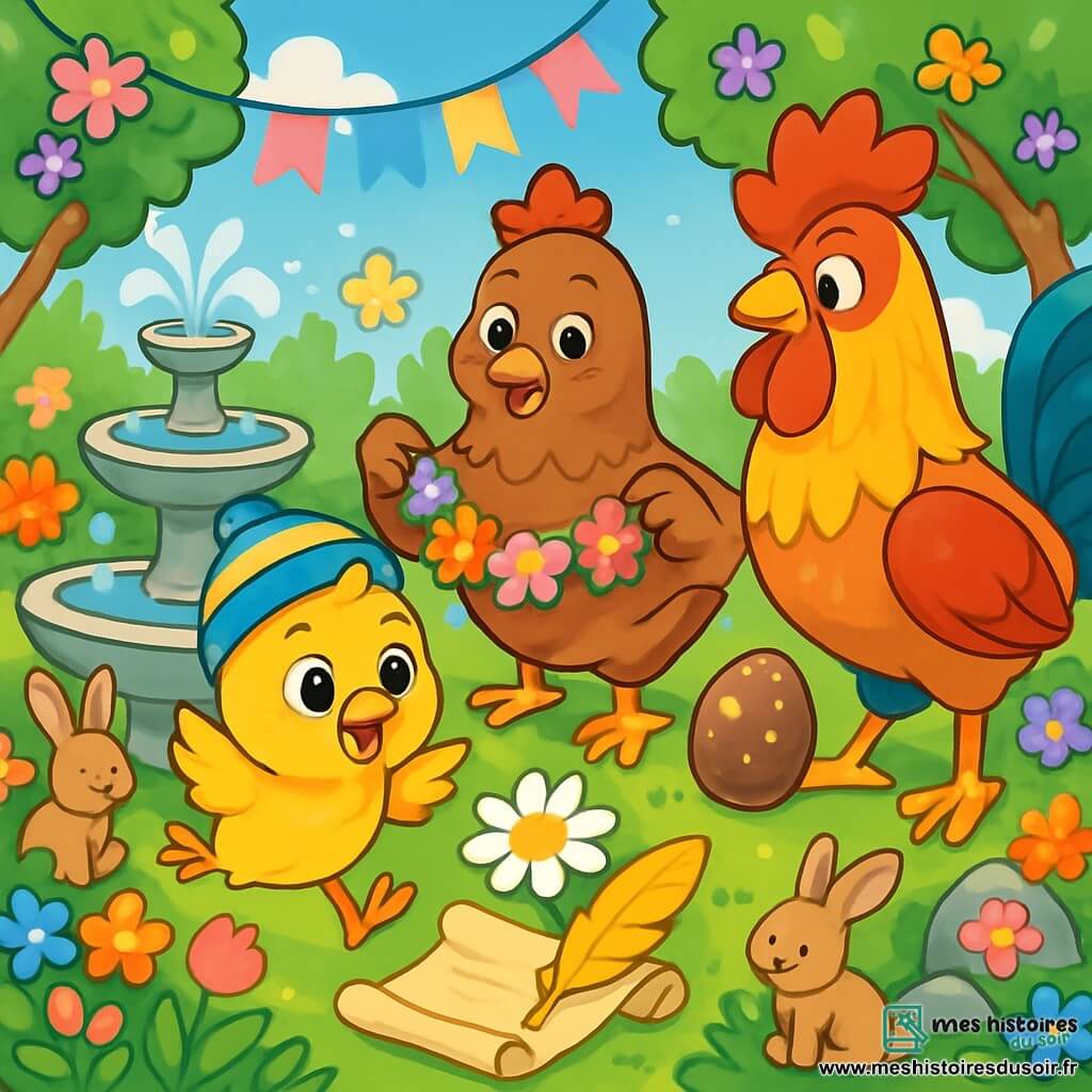 Un poussin malicieux, Picoti, avec un plumage jaune éclatant et un chapeau rayé bleu et jaune, saute joyeusement près d'une fontaine, ses yeux brillants de curiosité. À ses côtés, Maman Poule, avec son plumage brun, sourit tendrement en tenant une guirlande de fleurs colorées, tandis que Papa Coq, majestueux avec ses plumes rouges et dorées, décore le jardin avec des œufs en chocolat. Le jardin est rempli de fleurs éclatantes, de guirlandes pastel flottant dans le vent, et de lapins qui s'affairent autour des pierres ornées de fleurs. Picoti découvre une plume dorée sous une marguerite, tenant un parchemin mystérieux, prêt pour une chasse au trésor magique pour Pâques.