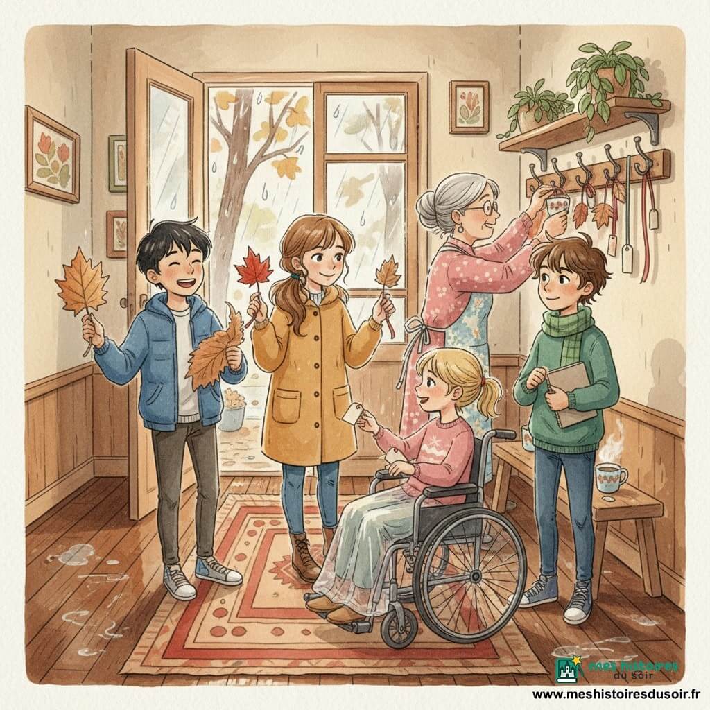 Cinq personnages dans l'entrée d'un appartement chaleureux : Lina, ~11 ans, châtain clair en queue de cheval, manteau moutarde, tient une feuille d'érable rouge et sourit au centre près de la porte ; Samir, ~11 ans, cheveux noirs courts, veste bleue, rit en tenant une grande feuille froissée à gauche ; Hugo, ~12 ans, cheveux bruns ébouriffés, écharpe verte et carnet sous le bras, observe à droite ; Zoé, ~11 ans, blonde, assise en fauteuil roulant avec housse de pluie, tend une étiquette devant Lina ; Mamie Odette, ~70 ans, cheveux gris en chignon, tablier fleuri, accroche une feuille à la patère et offre une tasse de chocolat chaud près du mur. Ils accrochent ensemble des feuilles séchées avec rubans et étiquettes à une patère en bois dans une entrée aux murs crème, sol en lattes foncé mouillé de pluie, grand tapis rouge et beige, fenêtre embuée montrant la pluie : lumière douce et dorée, tasses fumantes et rubans colorés créent une atmosphère chaleureuse et réconfortante.