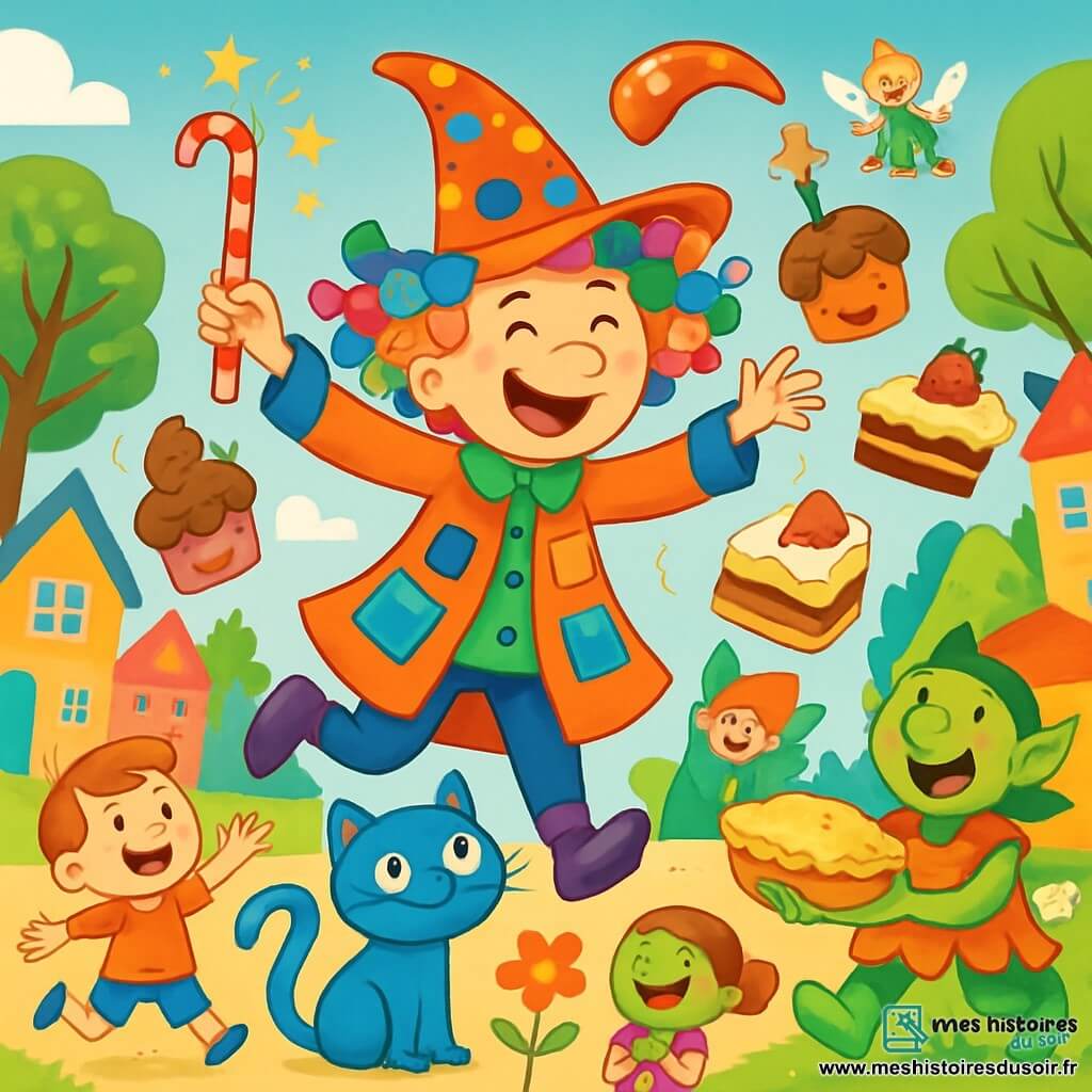 Un sorcier joyeux nommé Polisson, avec des cheveux multicolores, un chapeau à pois et un manteau plein de poches, saute de joie au centre de la scène. Son grand sourire et ses yeux pétillants montrent son excitation alors qu'il brandit une baguette magique en sucre d'orge. À ses côtés, Turlututu, un chat bleu aux moustaches en tire-bouchon, observe avec curiosité les gâteaux dansants, émerveillé. La scène se déroule sur la grande place du village de Farfelus-les-Baguettes, entourée de maisons colorées, d'arbres aux feuilles rieuses et de fleurs éclatantes. Des enfants rient et courent, tandis que des lutins et des fées volent autour, créant une ambiance festive. Polisson essaie de maîtriser une pluie de gâteaux farceurs qui provoquent un joyeux désordre et des éclats de rire parmi les villageois, tandis qu'une tarte au citron fait un saut acrobatique dans les bras d'un troll amusé.