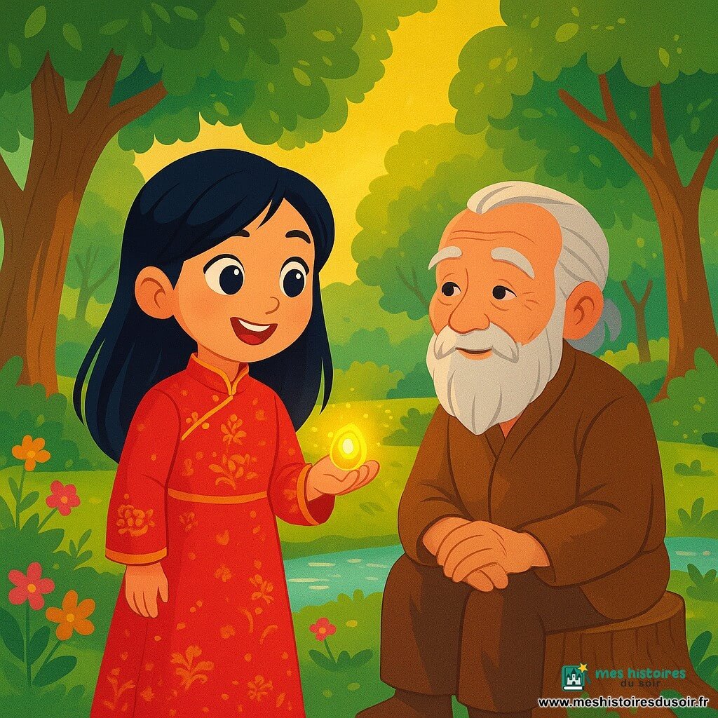 Mei Lin, une jeune femme aux cheveux noirs et aux yeux curieux, se tient au centre d'une clairière avec un sourire émerveillé. Elle porte une robe en soie rouge ornée de motifs dorés et tient une petite pierre brillante qui émet une douce lumière. À côté d'elle, un vieil homme aux cheveux gris, assis sur une souche d'arbre, l'observe avec bienveillance. La clairière est illuminée par une lumière dorée, entourée d'arbres majestueux et de fleurs colorées, avec un ruisseau scintillant à proximité. Mei Lin découvre la pierre vivante qui chante pour elle, tandis que le vieil homme lui offre des conseils, créant une atmosphère de mystère et de beauté.