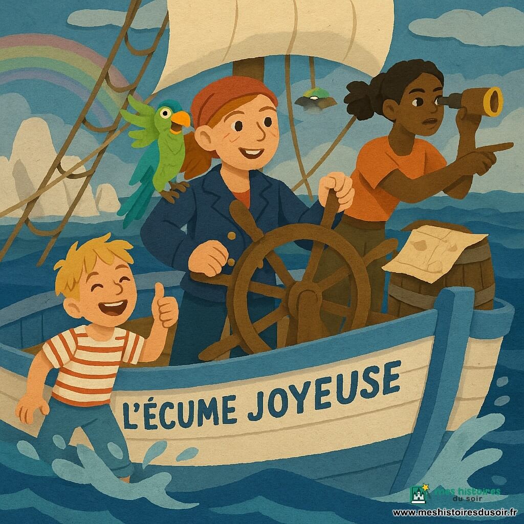 Capitaine Jade, jeune femme déterminée au visage souriant et taches de rousseur, foulard rouge, veste bleu marine et bottes en cuir, tient la barre avec confiance; Lou, garçon de 8 ans aux cheveux blonds emmêlés, chemise rayée et pantalon retroussé, trempé mais riant et levant le pouce; Bertille, navigatrice d’environ 18–20 ans aux cheveux châtains attachés, longue-vue et carte, pointe une direction près du mât; Max, perroquet vert, bleu et jaune, perché sur l’épaule de Jade, lance une plaisanterie; le navire L’Écume Joyeuse, bois peint blanc et bleu avec cordages et voiles gonflées, quitte le récif du Crocodile entre des rochers dentelés dans la brume, la mer profonde et le ciel partiellement nuageux avec un arc-en-ciel discret, scène dynamique de soulagement, fierté et camaraderie.