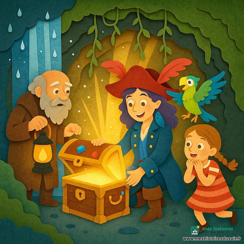 Lila, pirate aux cheveux violets bouclés et grand chapeau à plumes rouges, ouvre un coffre en bois orné laissant échapper une lumière dorée qui révèle un grand livre lumineux intitulé « Livre de l’Amitié »; Balthazar, homme âgé à la barbe blanche, tient une lampe à huile et observe, Zoé, fillette en robe rayée, saute d’excitation, et Jules, perroquet coloré, est perché sur l’épaule de Lila; la scène se déroule dans une grotte derrière une cascade, murs moussus, gouttes scintillantes et rayons dorés filtrant, ambiance chaleureuse et magique, couleurs vives, textures superposées et ombres épurées.