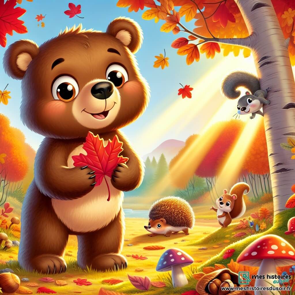 Un ours brun nommé Oscar, avec un pelage doux et des yeux curieux, se tient dans une clairière ensoleillée, entouré de feuilles d'automne colorées. Il sourit en tenant une grande feuille rouge. À proximité, un écureuil agile grimpe sur une branche, ses joues pleines de glands. Un hérisson aux piquants dorés se faufile entre les champignons colorés, regardant Oscar avec curiosité. La clairière est baignée de lumière dorée, avec des arbres aux feuilles flamboyantes et le sol tapissé de feuilles croustillantes. Oscar, émerveillé par la beauté de l'automne, découvre les trésors de la nature avec ses amis de la forêt.