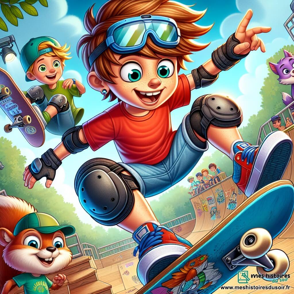 Au premier plan, Maxime, un garçon de 12 ans aux cheveux bruns en désordre et lunettes de protection sur le front, réalise un ollie spectaculaire sur son skateboard bleu. Son visage montre une concentration intense mêlée de joie, vêtu d'un t-shirt rouge et d'un short noir, avec des genouillères et des baskets colorées. À ses côtés, Lucas, 13 ans, aux cheveux blonds, l'encourage avec un sourire, portant un t-shirt vert et des shorts en jean, tenant un skateboard noir. En arrière-plan, Zip, un écureuil violet en lunettes de soleil et casquette, observe en sautillant, ajoutant une touche de magie. Le skatepark animé est décoré de rampes en bois et de graffitis colorés, sous un ciel bleu et ensoleillé, avec des enfants jouant autour, créant une ambiance joyeuse. Maxime exécute un trick impressionnant, Lucas l'encourage et Zip applaudit, illustrant l'esprit d'équipe et la passion du skate.