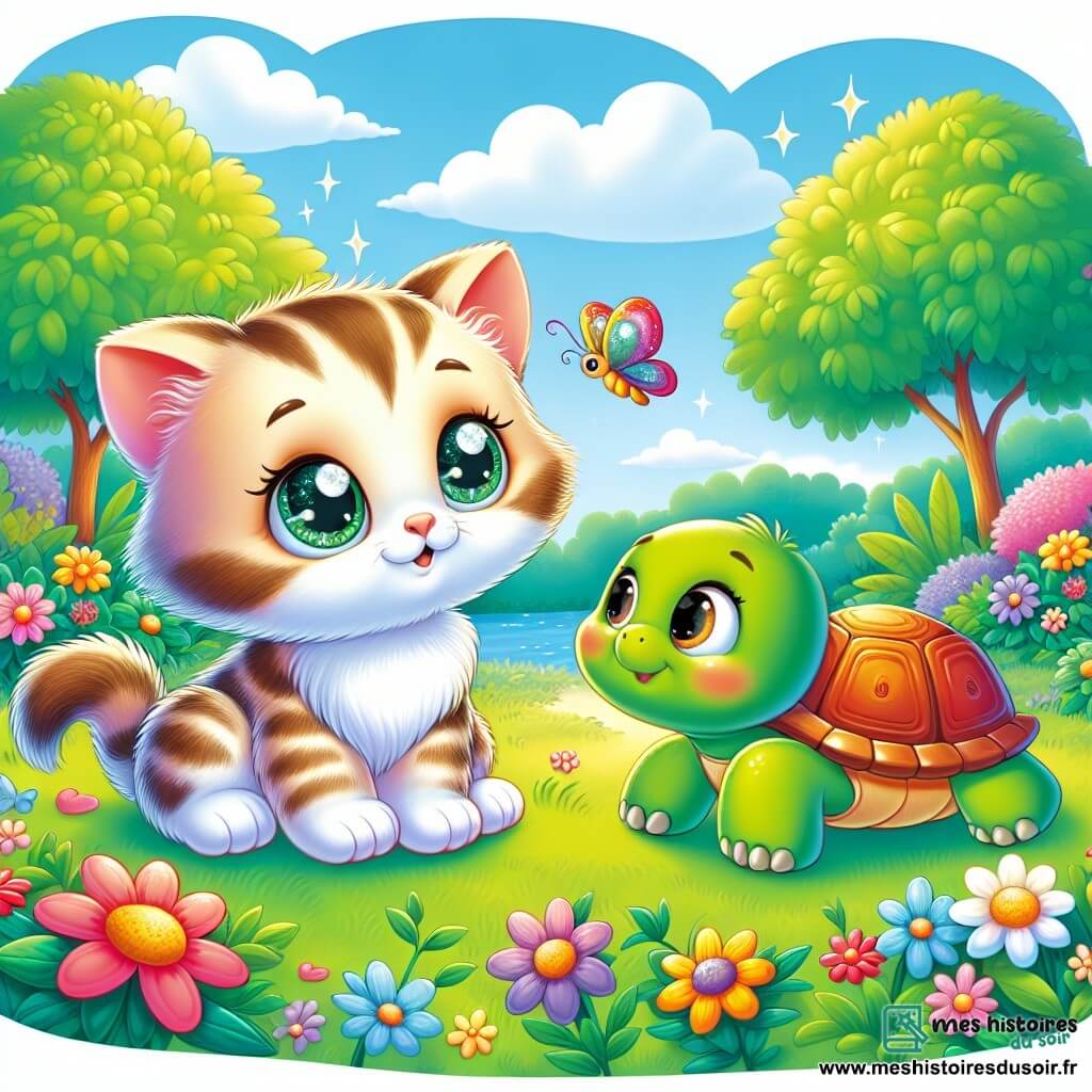 Un petit chat nommé Minou, au pelage doux et rayé de crème et brun, observe avec curiosité. Il est assis dans l'herbe verte, oreilles dressées, prêt pour l'aventure. À ses côtés, une tortue à la carapace brillante et verte, souriante, cherche sa fleur magique, l'observant avec espoir. Le jardin est rempli de fleurs colorées, de grands arbres aux feuilles luxuriantes, et d'un ciel bleu clair parsemé de nuages blancs. Au loin, un papillon multicolore vole joyeusement, ajoutant de la magie à la scène. Minou et la tortue sont prêts à explorer et à trouver la fleur magique qui brille au soleil.