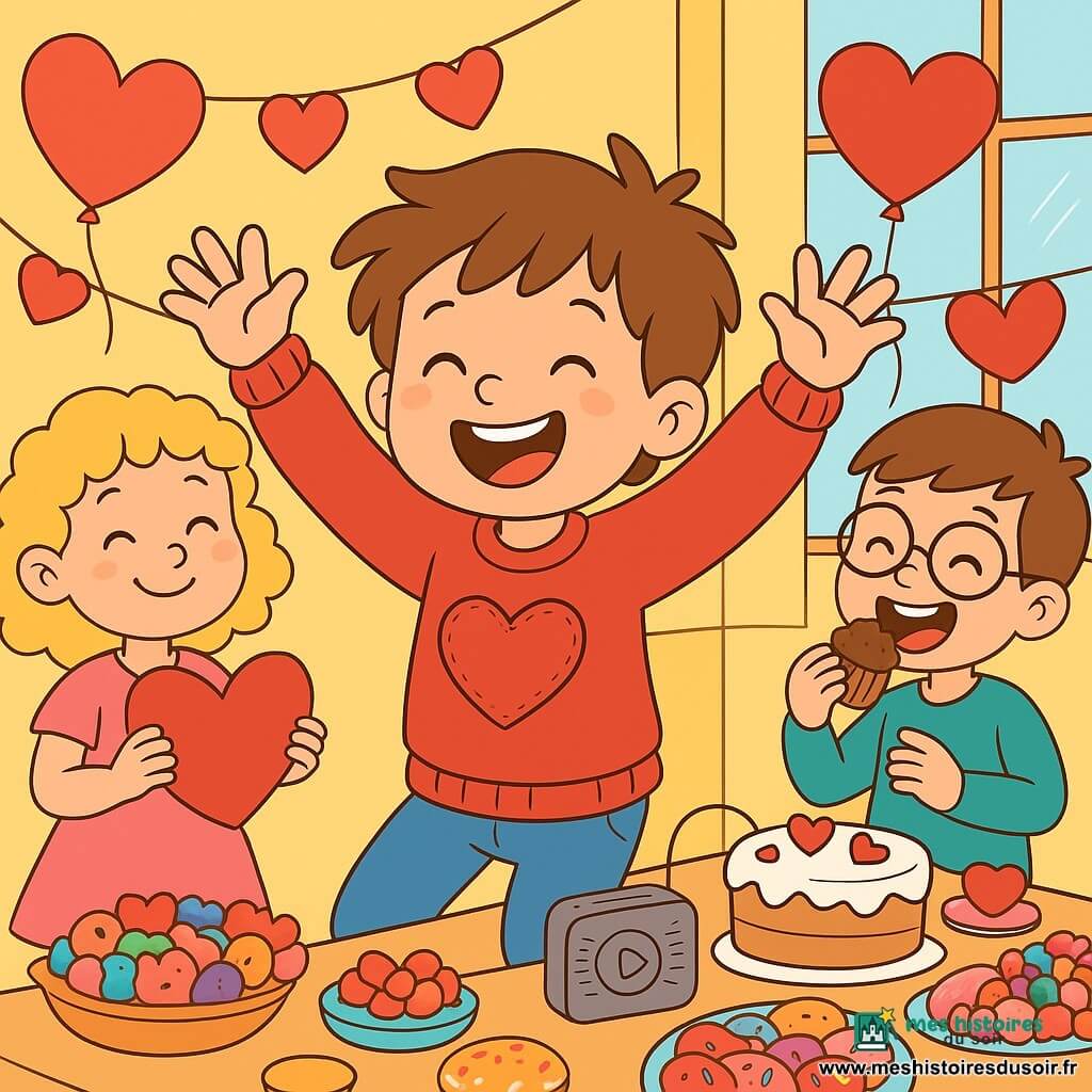 Léo, un garçon de 6 ans aux cheveux bruns en désordre et au grand sourire, porte un pull rouge avec un cœur cousu. Il danse avec enthousiasme, entouré de ses amis. Emma, une fille de 6 ans aux cheveux bouclés et blonds, en robe rose, tient un cœur en papier et sourit. Max, un garçon avec des lunettes et des cheveux châtains, croque un cupcake au chocolat à côté d'elle. La scène se déroule dans une salle de classe lumineuse, décorée de ballons et de guirlandes en papier, avec une table remplie de friandises. Léo, fier et heureux, lance une mélodie entraînante, et tous les enfants dansent ensemble, créant une atmosphère festive et joyeuse.