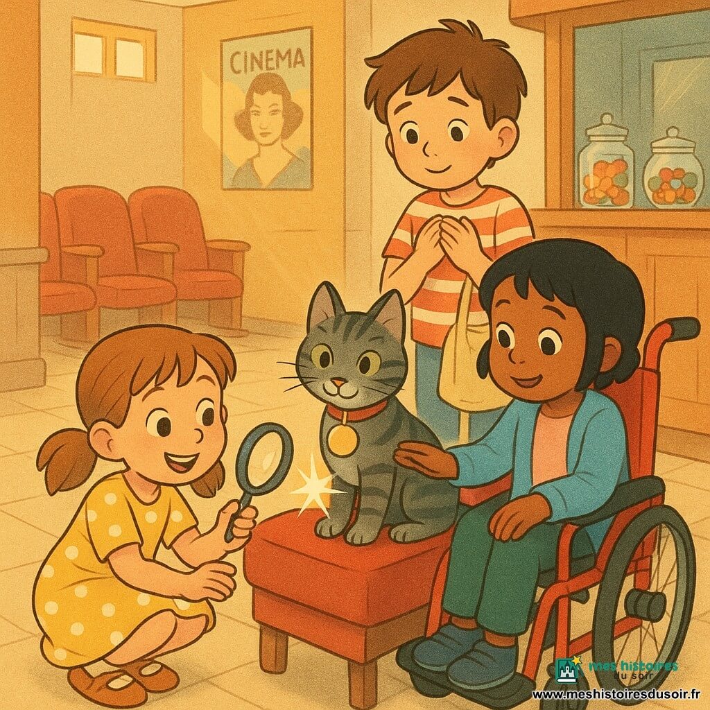 Quatre personnages : Clara, 7 ans, couettes châtain clair, robe jaune à pois blancs, accroupie à gauche, loupe en plastique à la main, regard vif et souriant vers la médaille ; Inès, 7 ans, cheveux noirs courts, gilet bleu clair, assise en fauteuil roulant rouge avec coussin vert, main tendue pour caresser le chat, expression calme ; Jules, 6 ans, garçon aux cheveux bruns en bataille, t‑shirt rayé rouge et blanc, debout derrière, visage timide mais soulagé, mains près du cœur ; Félix, petit chat rayé gris et noir aux yeux verts, perché sur une banquette en velours rouge, tenant une médaille ronde et brillante dans la bouche. Lieu : hall d’un petit cinéma de quartier avec sol carrelé beige, rangées de fauteuils en velours rouge, guichet en bois, lumière dorée filtrant par de petites fenêtres et affiche rétro au mur. Situation : les enfants récupèrent la médaille, scène chaleureuse et silencieuse centrée sur la médaille scintillante et les mains qui s’en approchent, expressions de compassion et de curiosité.