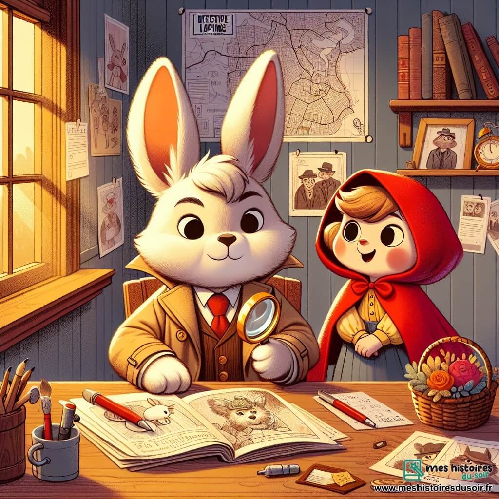 Le détective Lapinos, un petit lapin aux grandes oreilles et au trench-coat beige, est assis à son bureau en bois, concentré avec une loupe et un carnet de notes. À côté de lui, le Petit Chaperon Rouge, une fillette souriante en cape rouge, tient un panier de fleurs. Le bureau est encombré de cartes et de photos de suspects, éclairé par une douce lumière filtrant à travers une fenêtre. Une carte du village est épinglée au mur, entourée de notes. Lapinos examine des indices sur la disparition du loup, tandis que le Petit Chaperon Rouge l'encourage, impatiente de résoudre le mystère.