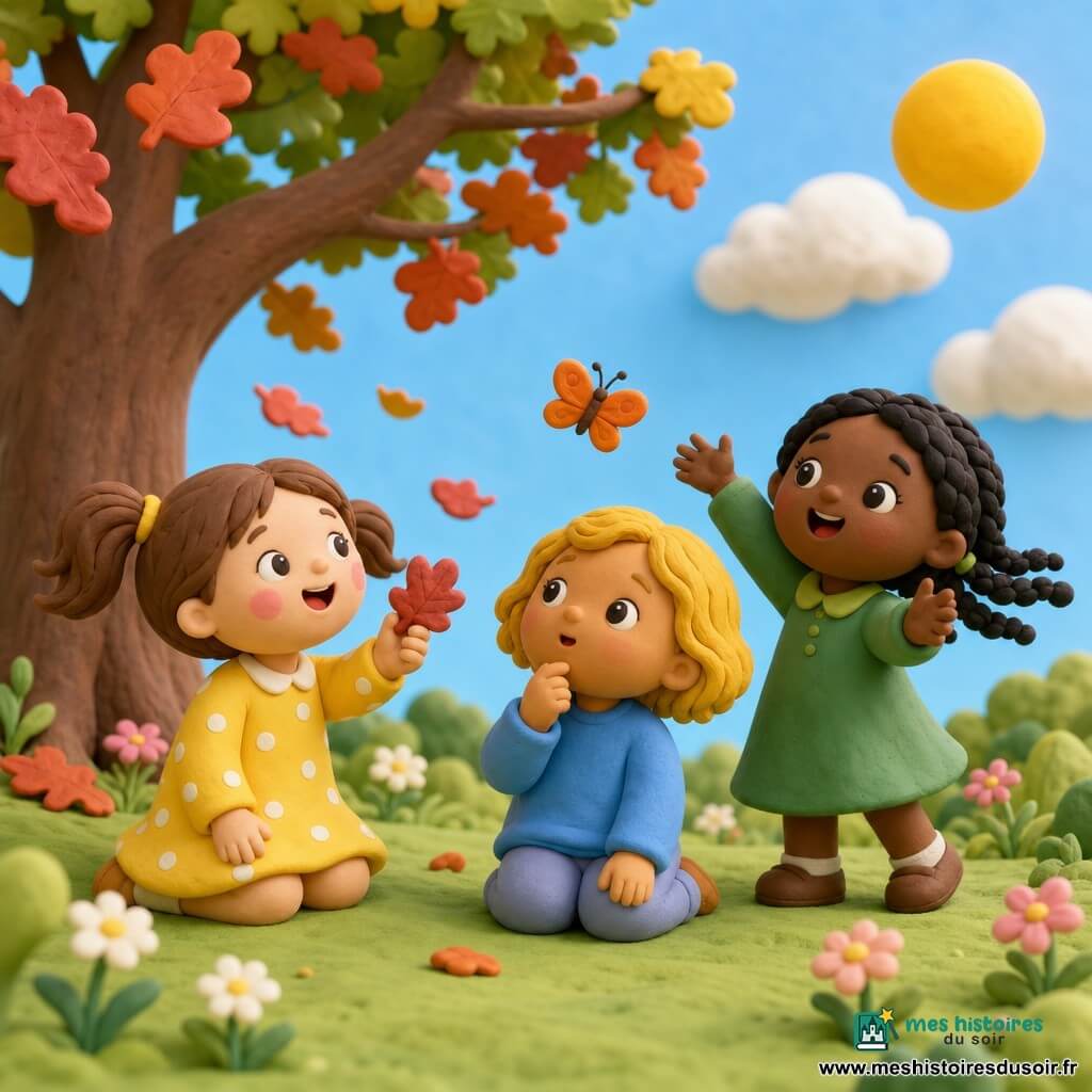 Trois filles de 5 ans : à gauche cheveux bruns en couette, robe jaune à pois blancs, tient une feuille rouge; au centre cheveux blonds courts, pull bleu ciel, regarde un petit papillon; à droite cheveux noirs tressés, robe verte, sourit et lève les bras. Elles sont en cercle serré dans une clairière herbeuse aux couleurs pastel, petites fleurs roses et blanches, un grand chêne à gauche avec quelques feuilles rouges tombant, ciel bleu pâle, nuages cotonneux et soleil jaune en haut à droite. Un papillon orange vole au centre, cheveux et feuilles flottent au vent, ambiance calme, lumineuse et tendre, textures lisses.