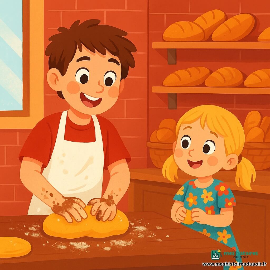 Léo, un jeune homme souriant avec des yeux pétillants, porte un tablier blanc fariné et pétrit une pâte dorée sur une table en bois, les mains couvertes de farine et de chocolat. À ses côtés, une petite fille d'environ 6 ans, avec des cheveux blonds en couettes et une robe à fleurs colorées, observe avec émerveillement en tenant un morceau de pâte. La boulangerie, chaleureuse avec ses murs en briques rouges et ses étagères de pains dorés et croissants croustillants, est illuminée par la lumière du matin. Léo explique sa recette à la petite fille, créant une ambiance joyeuse et créative.