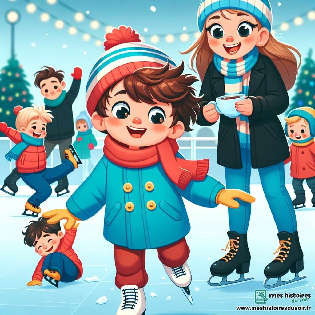 Un garçon de 5 ans, Tommy, patine sur une patinoire en plein air, vêtu d'un manteau bleu, d'un bonnet rouge et de gants jaunes, affichant une grande joie. Sa maman, une femme d'environ 30 ans avec des cheveux bruns, l'encourage en tenant un chocolat chaud. À côté, Lucas, un autre garçon de 5 ans avec des cheveux blonds et des lunettes, tombe mais rit en se relevant, illustrant l'esprit de camaraderie. La patinoire est animée, entourée de sapins décorés et sous un ciel d'hiver clair, avec des flocons de neige tombant doucement, créant une atmosphère magique. Tommy et ses amis s'amusent à patiner, créant des souvenirs joyeux.