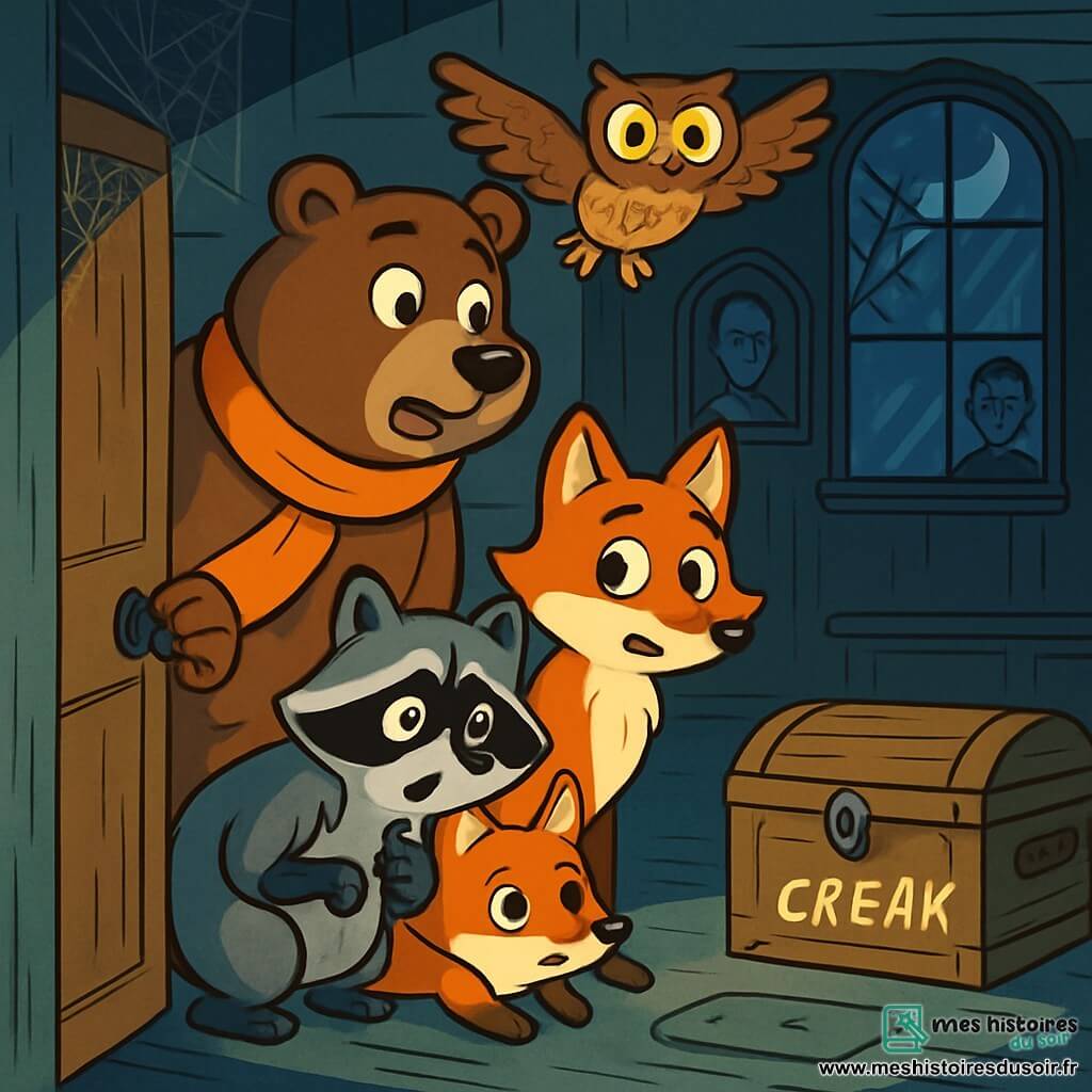 Barnabé l'ours, un grand ours brun au pelage soyeux, porte un foulard orange vif et affiche une expression de curiosité mêlée d'excitation en ouvrant une porte grinçante dans une vieille maison. Lila la renarde, avec son pelage roux éclatant et ses yeux malicieux, se tient à côté de lui, tandis que Max le raton laveur, inquiet, se blottit derrière Barnabé. Hugo le hibou, aux plumes brunes et aux grands yeux ronds, vole au-dessus d'eux, observant la scène. La maison ancienne et mystérieuse, avec ses murs en bois usés et ses fenêtres poussiéreuses, est décorée de toiles d'araignées. La lumière de la lune filtre à travers les fenêtres, projetant des ombres sur le sol. Les amis s'apprêtent à entrer dans une pièce sombre où une malle ancienne émet un bruit mystérieux.