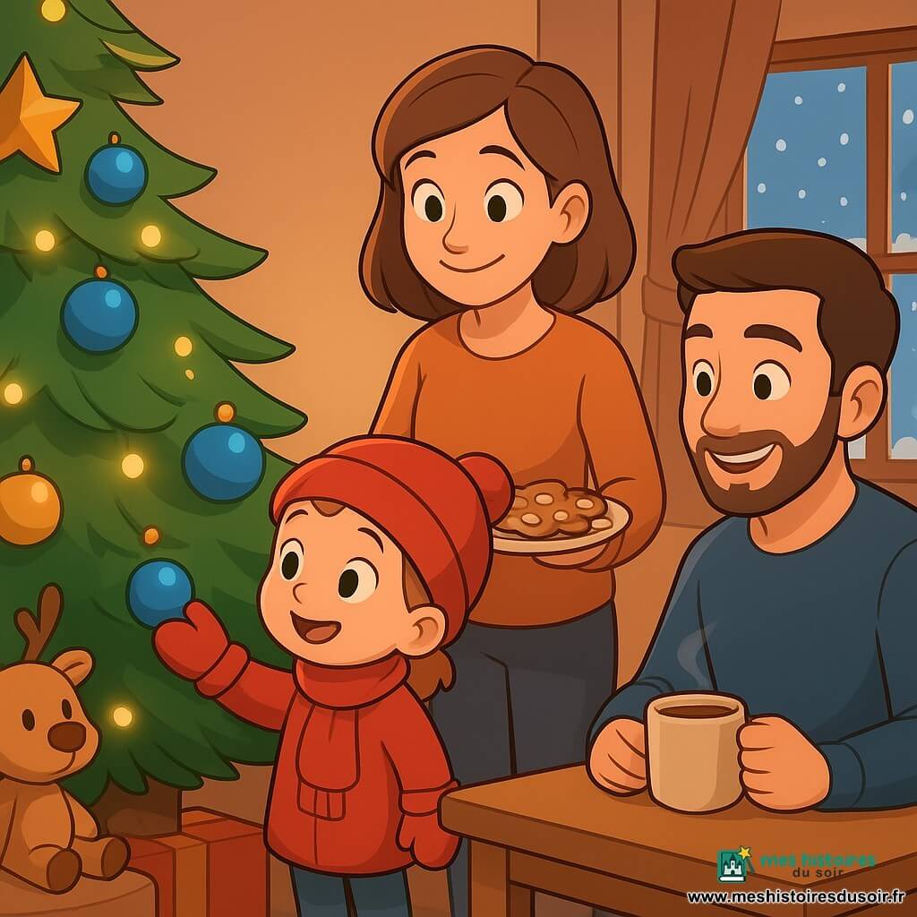 Une fillette de 3 ans avec un bonnet rouge et des moufles, souriante, se tient près d'un grand sapin de Noël décoré de boules bleues et dorées. Sa mère, une femme d'une trentaine d'années avec des cheveux bruns, est à côté d'elle, tenant un plateau de biscuits chauds. Le père, également dans la trentaine avec une barbe courte, est assis à une table avec une tasse de chocolat chaud. La scène se passe dans un salon douillet avec des lumières scintillantes et une fenêtre montrant la neige à l'extérieur. Emma touche une boule du sapin, son visage éclairé par les guirlandes, et un petit renne en peluche est sur une chaise à côté d'elle.