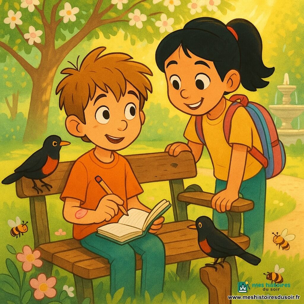 Un garçon de 10 ans aux cheveux châtain clair en bataille et yeux noisette, assis sur un vieux banc en bois avec un carnet et un crayon, observe et dessine un grand arbre en fleurs pendant qu’une pétale rose flotte dans l’air; Inès, une fille d’environ 10 ans aux cheveux noirs en queue de cheval et sourire complice, se tient penchée à côté de lui avec un sac d’école coloré; un merle noir à poitrine orange est posé sur l’accoudoir et des abeilles butinent autour des fleurs; lieu : parc au gazon vert vif, allée en gravier clair, fontaine en pierre qui clapote et rayons de soleil dorés filtrant entre les branches; ambiance printanière douce, couleurs pastel saturées, lignes claires et textures légères pour un rendu chaleureux et enfantin.