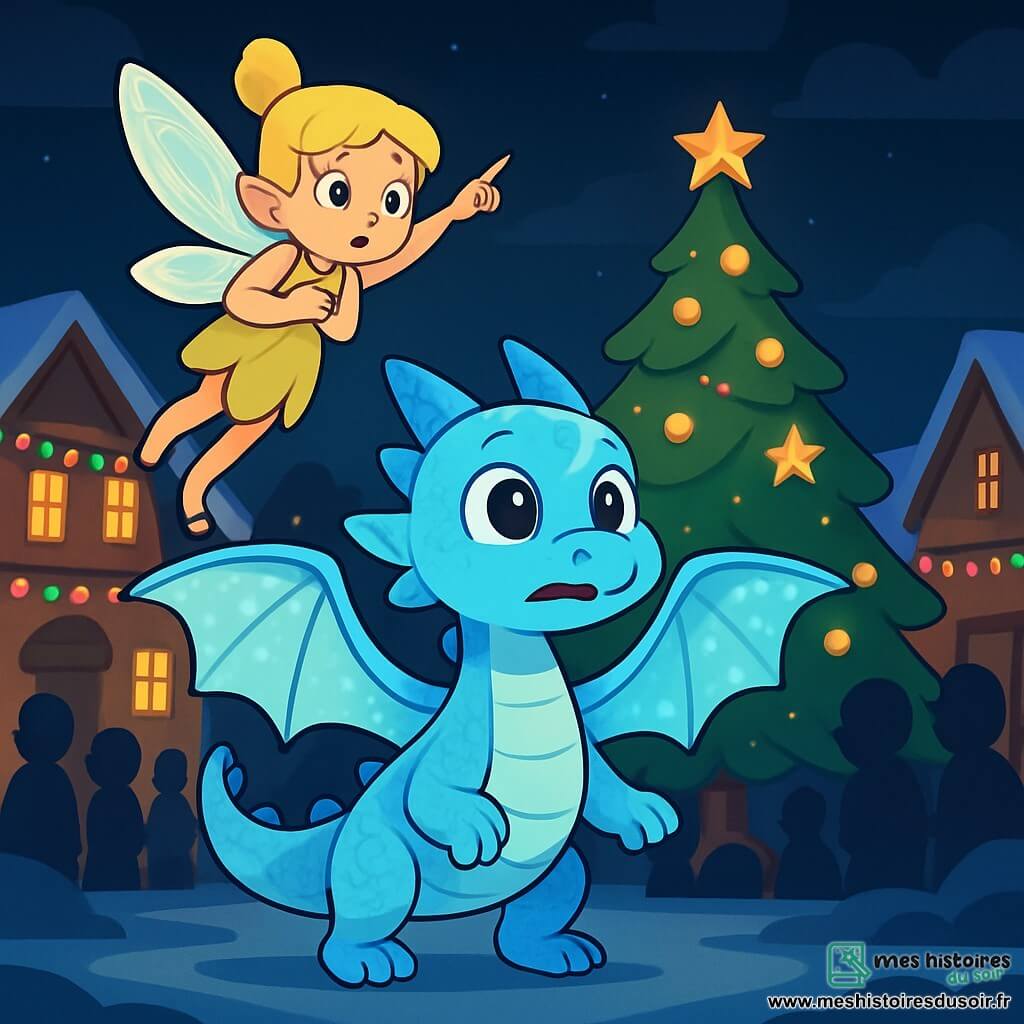 Flocon, le petit dragon de givre, est un adorable dragon aux écailles bleu clair scintillantes, avec de grandes ailes translucides brillantes. Il a des yeux curieux et inquiet, se tenant au centre de la scène, prêt à s'envoler pour sauver Noël. À ses côtés, Frimousse, la petite fée, a des ailes en forme de pétales de fleurs et une expression anxieuse, volant juste au-dessus de Flocon en pointant vers le ciel sombre. Le décor est une ville festive, plongée dans l'obscurité, avec un grand sapin de Noël décoré au centre de la place, entouré de maisons en bois. Flocon et Frimousse sont déterminés à ramener la lumière dans la ville, tandis que des ombres d'habitants inquiets se dessinent derrière eux, attendant le retour de la magie de Noël.