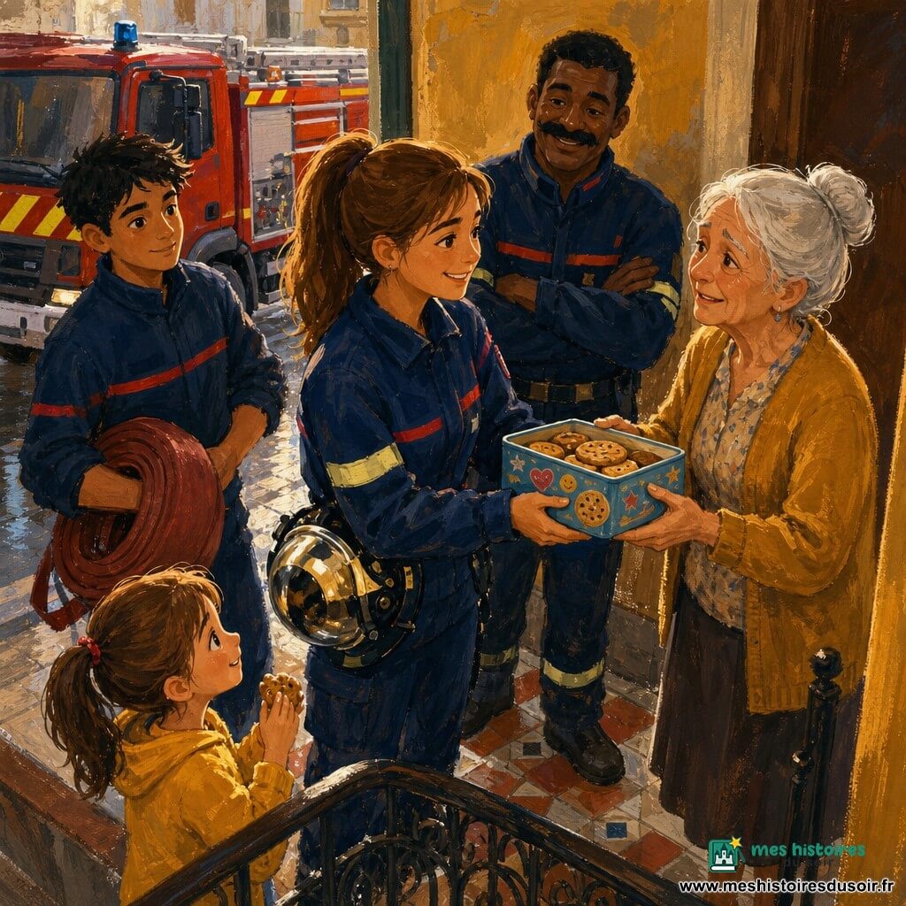 Léa, pompier souriante aux cheveux châtain en queue, veste de service bleue et casque incliné, tend une boîte de biscuits décorée d'autocollants «Pour toi, avec le sourire !» à une voisine âgée d'environ 70 ans, cheveux blancs en chignon, yeux humides de gratitude, qui la reçoit à deux mains sur le palier d'un vieil immeuble aux murs ocres un peu fumés et sol carrelé ; derrière Léa, Hector, pompier d'une quarantaine d'années à la grosse moustache, bras croisés et sourire bienveillant, se tient près du camion rouge garé dans la rue mouillée visible par la porte ouverte, tandis que Jules, stagiaire d'environ 18 ans en tenue de formation, tient un tuyau enroulé et observe attentif, et qu'Ana, fillette d'environ 7 ans aux couettes, tient un biscuit et regarde émerveillée depuis le bas de l'escalier ; fin d'intervention calme, gestes doux, équipements rangés, atmosphère sécurisante et chaleureuse, palette chaude (rouges, jaunes, ocres) contrastant avec les bleus profonds des uniformes, textures de peinture acrylique, coups de pinceau expressifs et contours doux, lumière douce de fin d'après-midi filtrant par la porte ouverte.