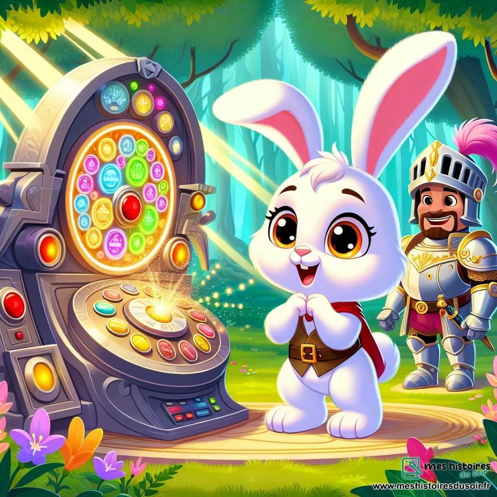 Un petit lapin nommé Léo, au pelage doux et blanc, se tient devant une machine en métal remplie de boutons colorés. Émerveillé et inquiet, il lève ses pattes avant, prêt à appuyer sur un bouton rouge. À ses côtés, Sir Roland, un chevalier souriant en armure brillante, l'encourage avec sa grande épée. La scène se déroule dans une forêt enchantée, avec des arbres majestueux et des fleurs colorées, créant une atmosphère magique. Léo s'apprête à activer la machine du temps, une expression d'excitation sur le visage, tandis que des étincelles de lumière annoncent le début de son voyage dans le temps.