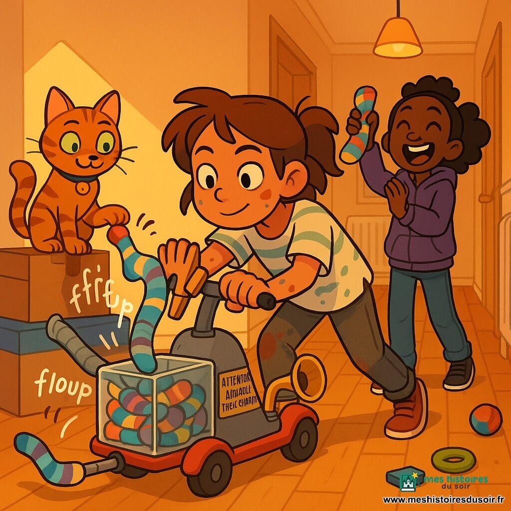 Léonie, ~10 ans, cheveux châtain en couette, mains peintes, vieux t-shirt rayé, pousse fièrement une machine bricolée ; Inès, ~10 ans, jean et sweat à capuche, applaudit en tenant une chaussette colorée comme trophée ; Biscotte, chat roux tigré aux yeux verts et grelot, veille sur une pile de cartons en appuyant presque sur un bouton. La machine farfelue combine une base de trottinette rouge, un tuyau d’aspirateur gris, une boîte plexi devant remplie de chaussettes, pinces à linge comme doigts, autocollant “Attention : appareil très sérieux” et petit klaxon doré. Scène dans un couloir chaleureux au parquet clair, radiateur blanc, affiche d’invention, lampes suspendues et jouets éparpillés ; lumière douce du soir. Moment : test où la machine aspire doucement une chaussette (« fff… floup ») vers la boîte tandis que Léonie pousse, Inès applaudit et Biscotte observe, ambiance joyeuse. Style : couleurs vives, textures lisses, ombres cel-shading, expressions exagérées et silhouettes lisibles.
