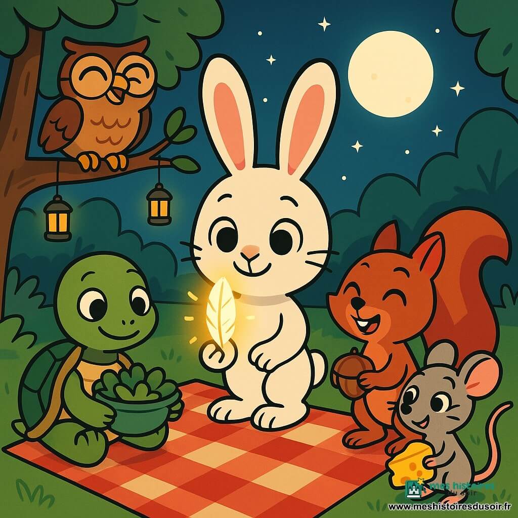 Sami, petit lapin blanc aux longues oreilles roses, tend une plume brillante au-dessus d’une nappe à carreaux ; Lila, tortue verte à la carapace luisante, tient une salade à gauche ; Kimo, écureuil roux à la queue touffue, tient une noisette à droite ; Zoé, petite souris grise, partage du fromage ; Mina, chouette brune aux lunettes rondes, veille depuis une branche derrière la nappe ; dans une clairière aux lanternes suspendues sous la pleine lune, tous partagent fruits, pain et jus autour de la plume magique qui crée une atmosphère douce et chaleureuse.