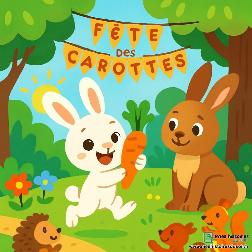 Un petit lapin nommé Léo, au pelage doux et blanc, saute de joie dans la forêt, tenant une carotte orange dans ses pattes avant. À ses côtés, sa maman lapin, au pelage brun, le regarde avec fierté. La forêt est colorée, avec des arbres verts, des fleurs multicolores et un ciel bleu clair. Léo montre sa carotte à ses amis pour célébrer la fête des carottes, tandis que d'autres animaux, comme le hérisson et l'écureuil, l'applaudissent, créant une ambiance festive.
