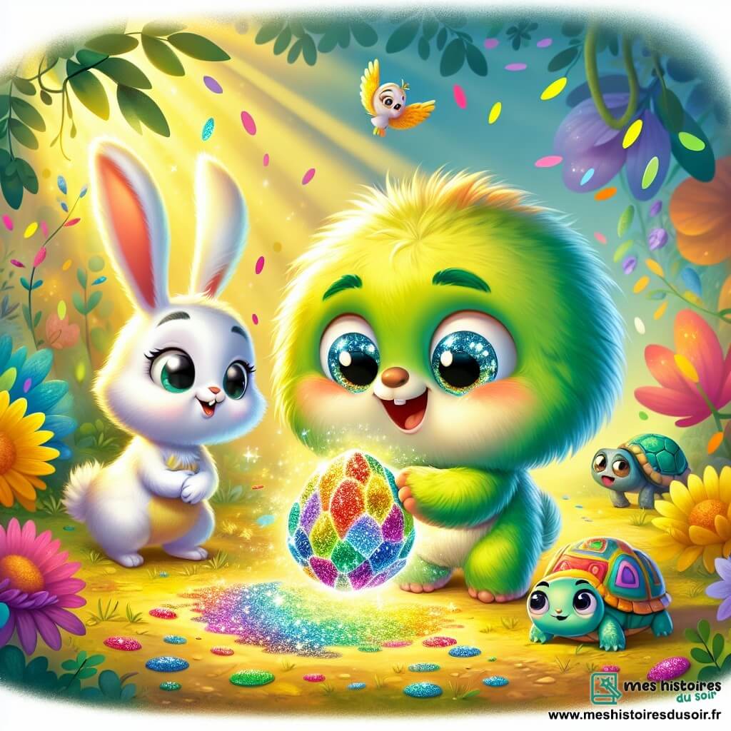 Illustration d'une petite créature ronde et douce avec un pelage vert et de grands yeux brillants, exprimant joie et émerveillement tout en tenant une pierre colorée. À ses côtés, un lapin aux grandes oreilles et pelage blanc observe la pierre avec amusement, tandis qu'une tortue colorée affiche une expression calme et un oiseau multicolore vole autour d'eux. La scène se déroule dans une forêt enchantée où des fleurs dansent et chantent, sous une lumière dorée. La créature touche la pierre magique, provoquant une explosion de couleurs et de rires, tandis que ses amis s’amusent, captivés par la magie du moment. Des éléments graphiques tels que des fleurs dansantes et des éclats de lumière créent une ambiance festive.