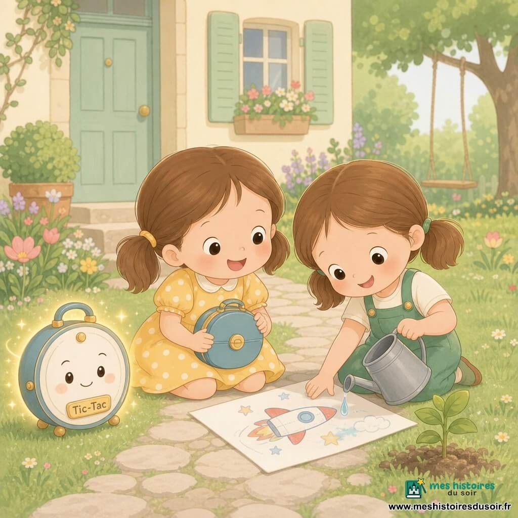 Deux fillettes d'environ 4 ans, souriantes et aux cheveux bruns en couettes — l'une en robe jaune à pois blancs tenant une petite valise ronde bleue à bouton doré, l'autre en salopette verte tenant un arrosoir métallique légèrement penché près d'une plante — sont assises côte à côte sur un chemin de pierres dans le jardin d'une vieille maison repeinte, riant et dessinant une fusée tandis qu'une goutte d'eau tombe de l'arrosoir sur le papier; derrière elles, une valise-temps anthropomorphe ronde et bleue, étiquetée « Tic-Tac », émet une douce lueur dorée; palette pastel, traits simples et arrondis, expressions lisibles, ambiance chaleureuse et sûre.